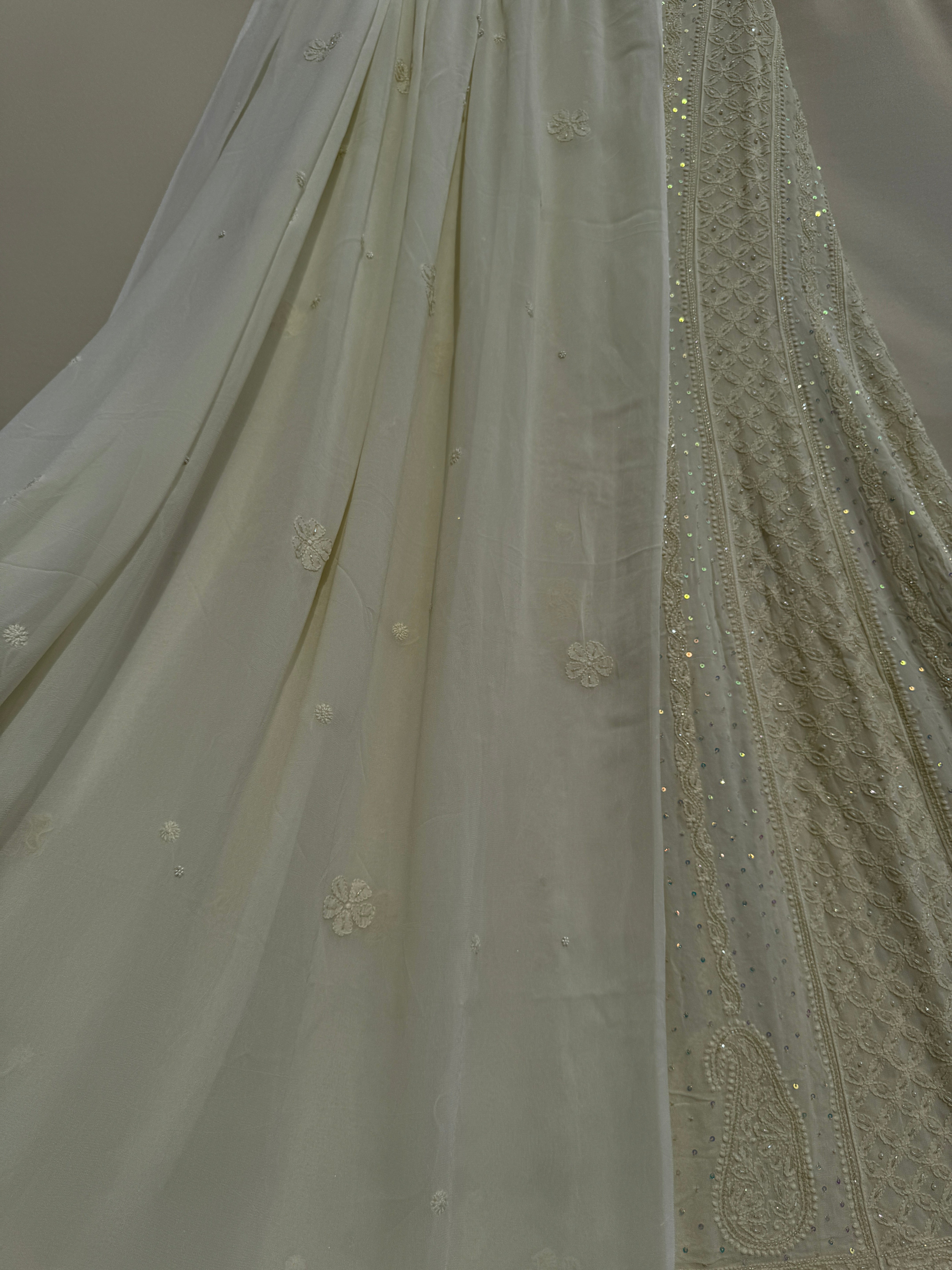 Viscose Anarkali - Semi Stitched - Pearl Work - Ivory Pistachio Green ARIAA CHIKANKARI 
