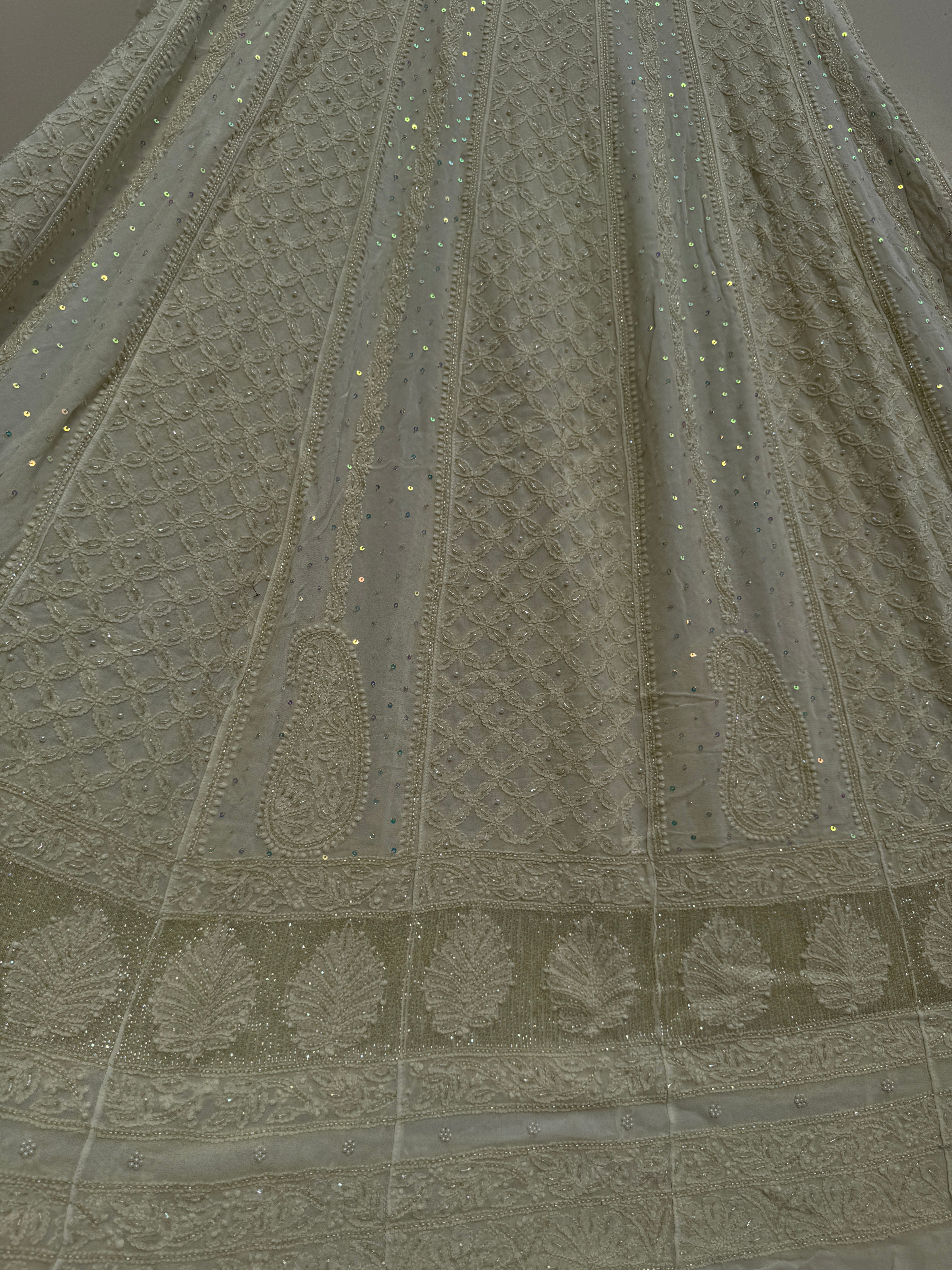 Viscose Anarkali - Semi Stitched - Pearl Work - Ivory Pistachio Green