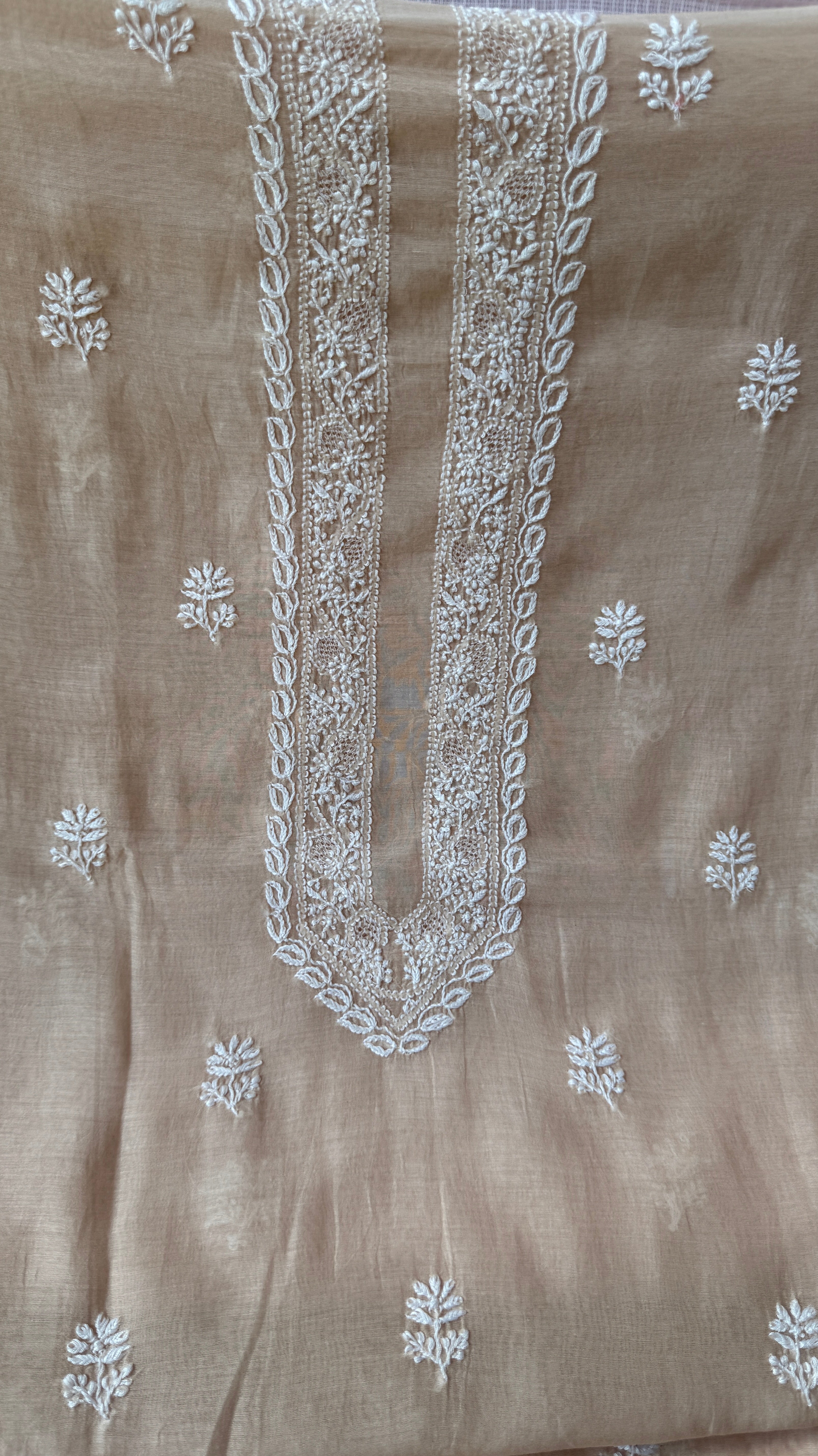 Mul Chanderi Chikankari Kurta Length - Mens- Beige