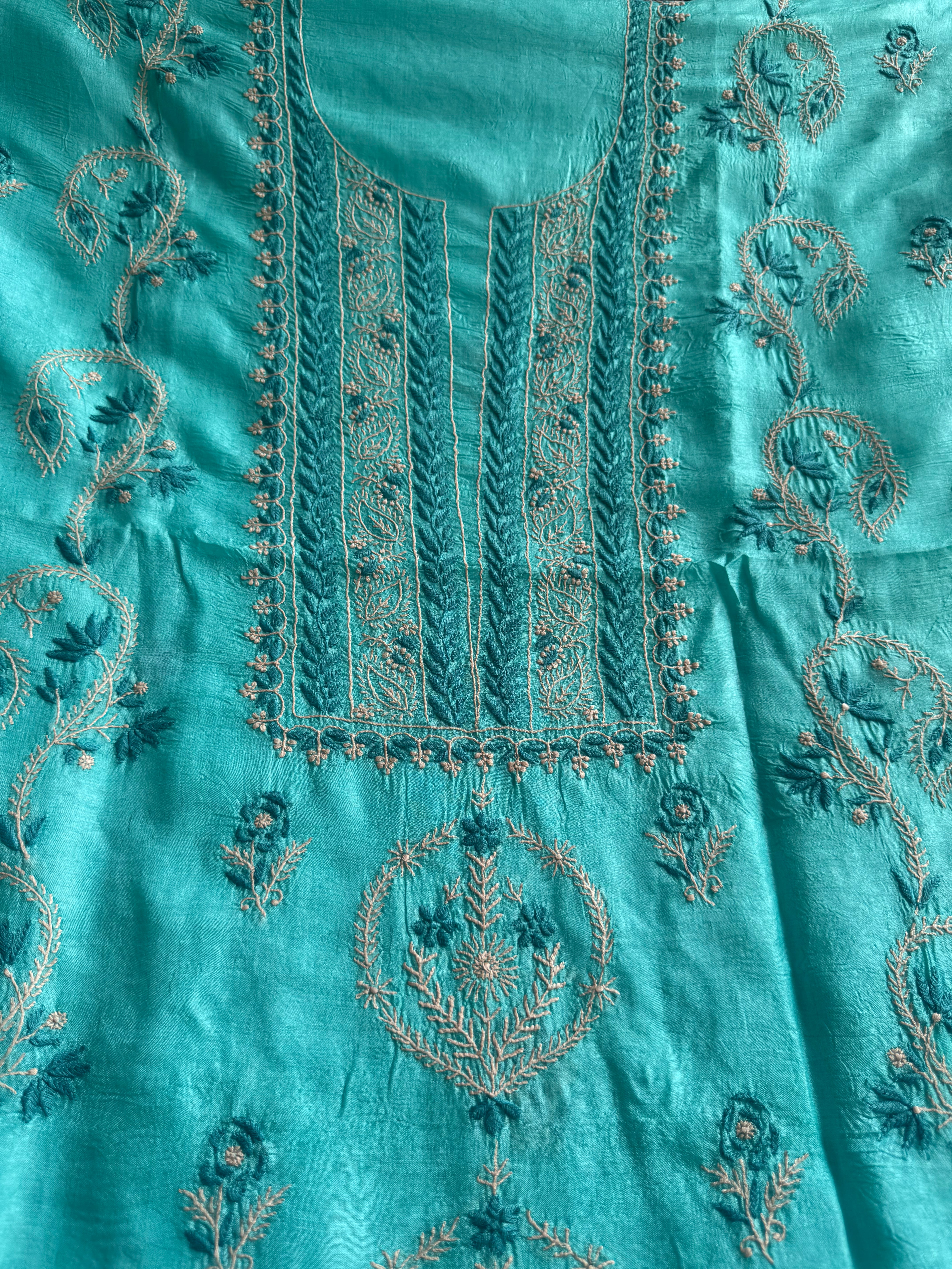 Pure Tussar Silk Chikankari Length with Dupatta -  Blue Multi Thread ARIAA CHIKANKARI 