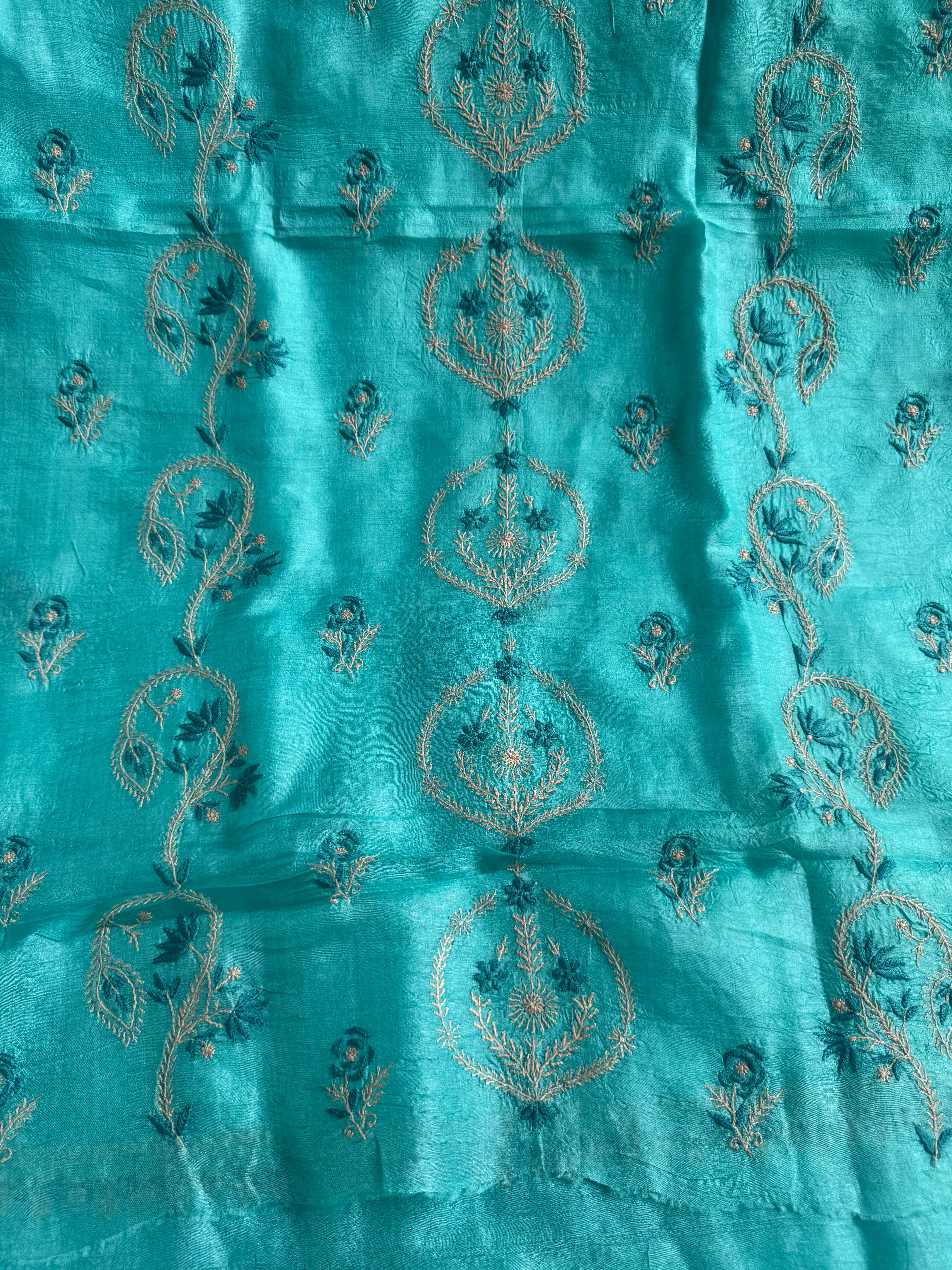 Pure Tussar Silk Chikankari Length with Dupatta -  Blue Multi Thread ARIAA CHIKANKARI 