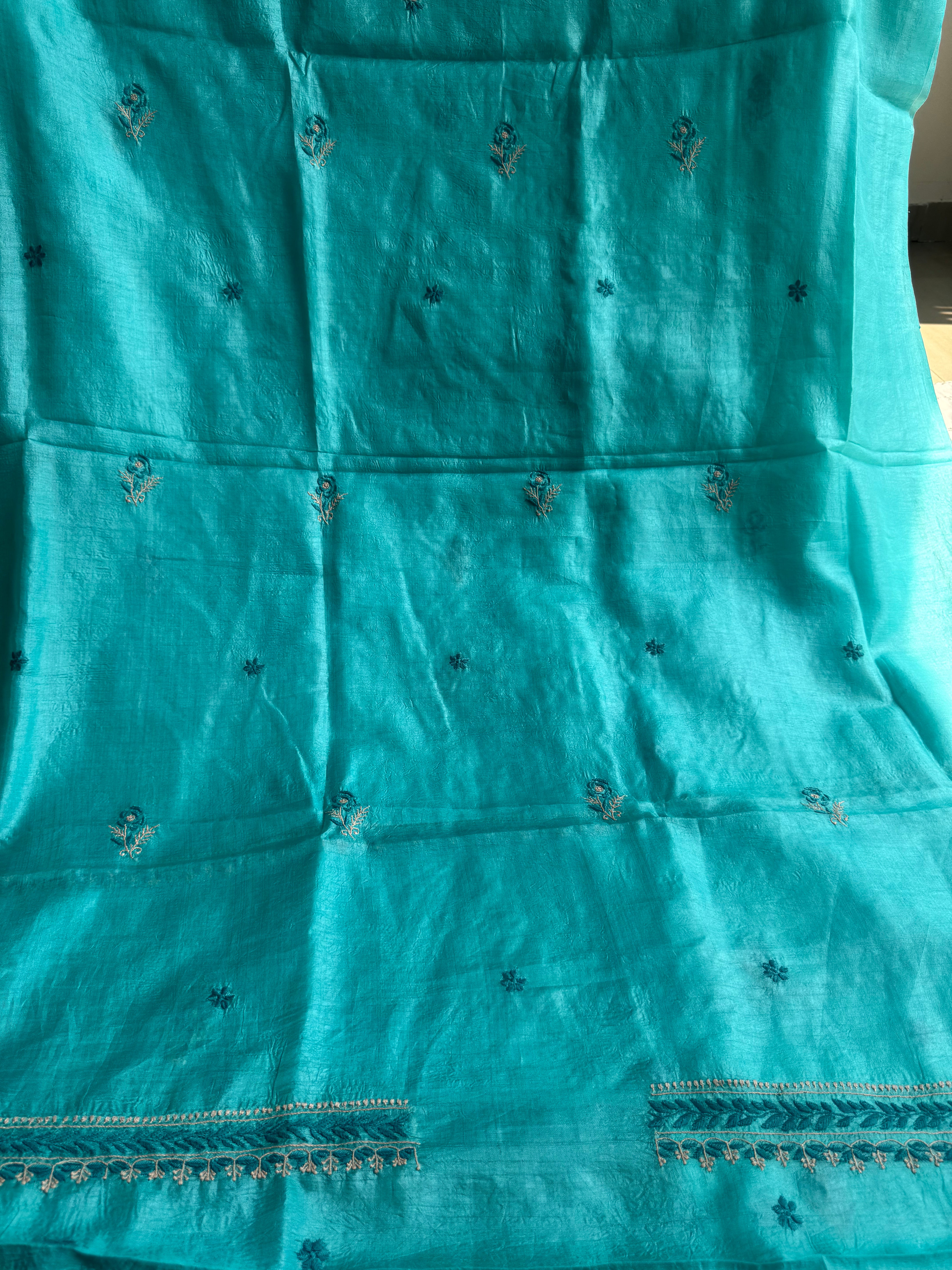 Pure Tussar Silk Chikankari Length with Dupatta -  Blue Multi Thread ARIAA CHIKANKARI 