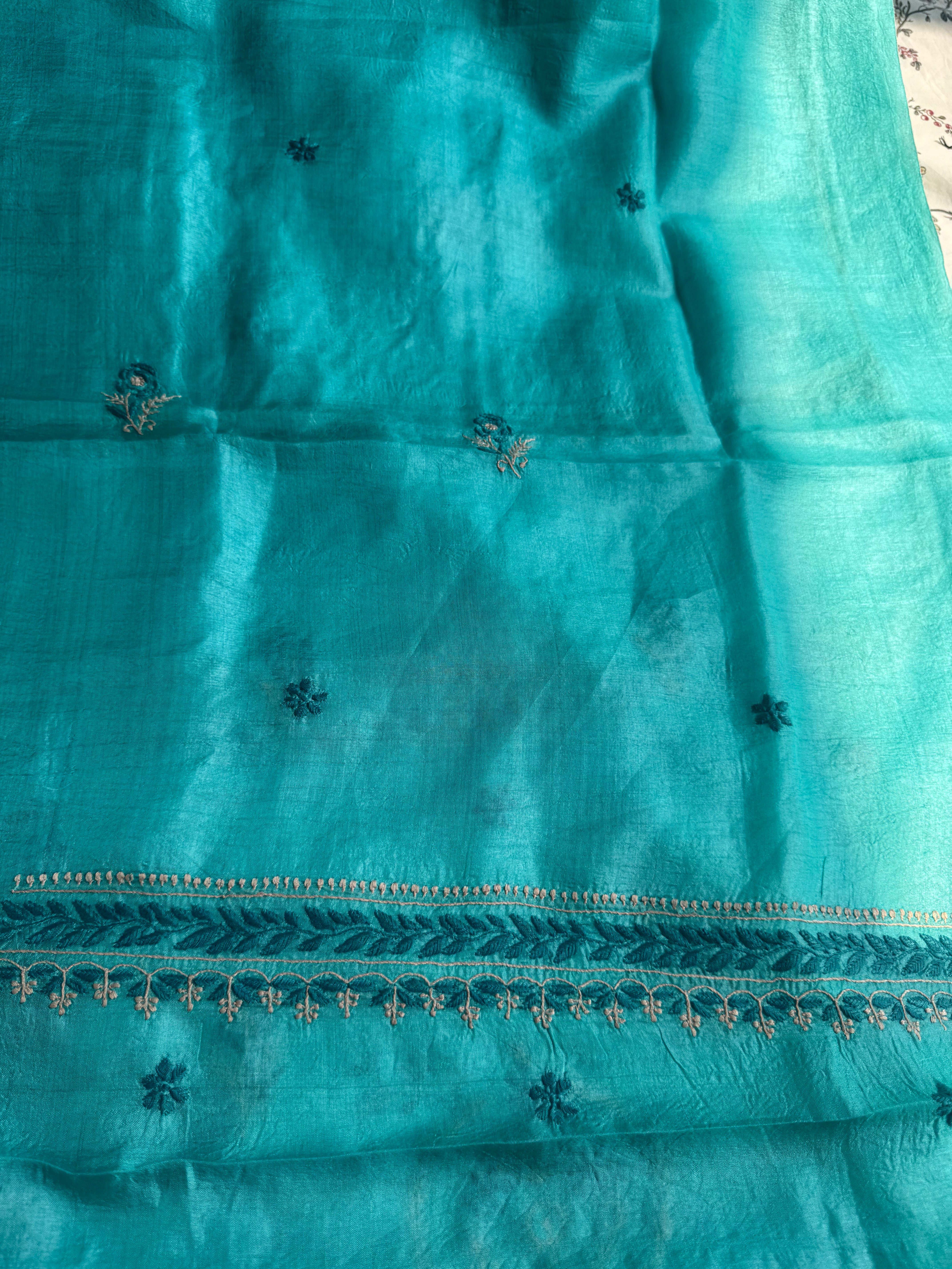Pure Tussar Silk Chikankari Length with Dupatta -  Blue Multi Thread ARIAA CHIKANKARI 