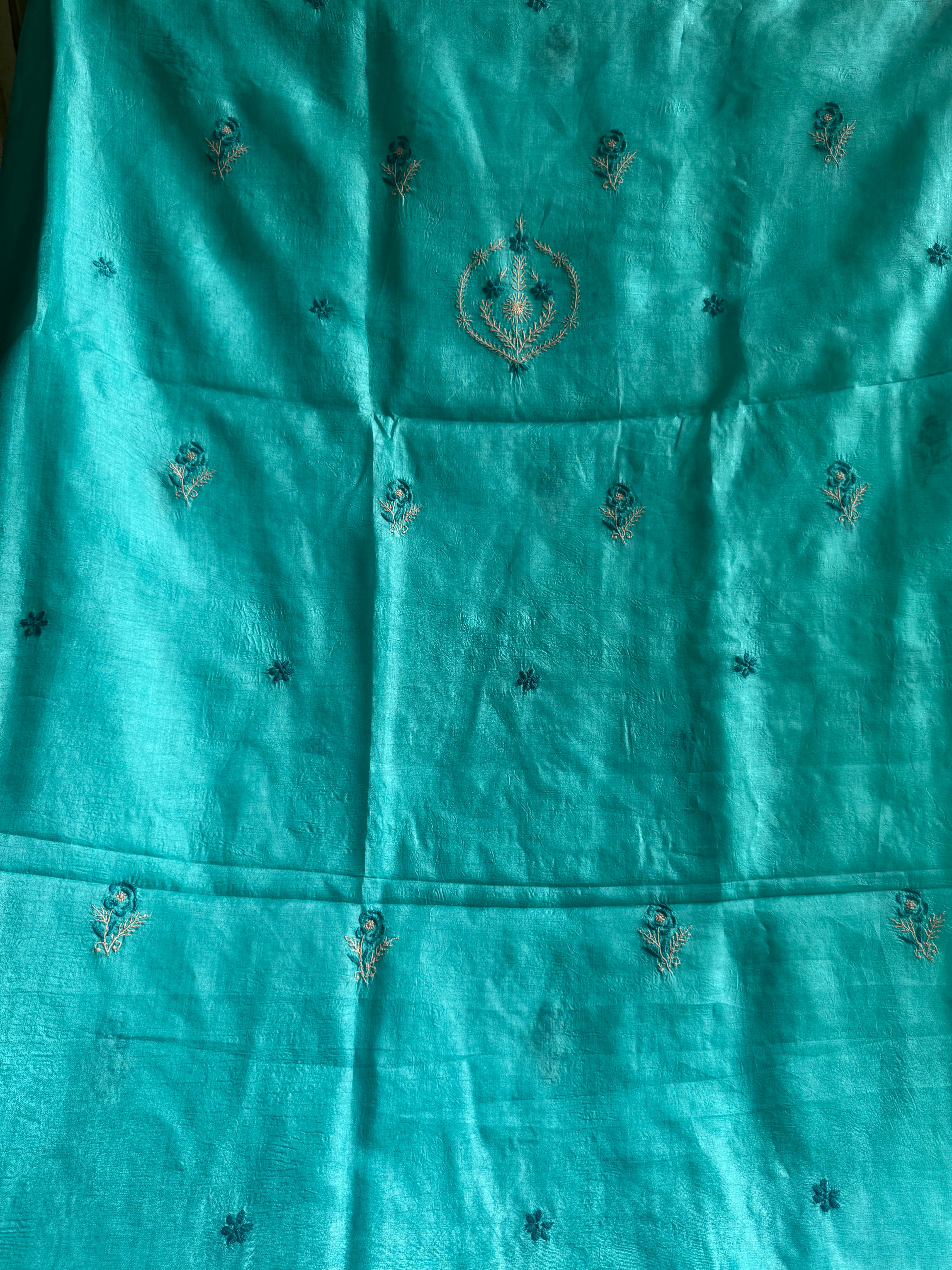 Pure Tussar Silk Chikankari Length with Dupatta -  Blue Multi Thread ARIAA CHIKANKARI 
