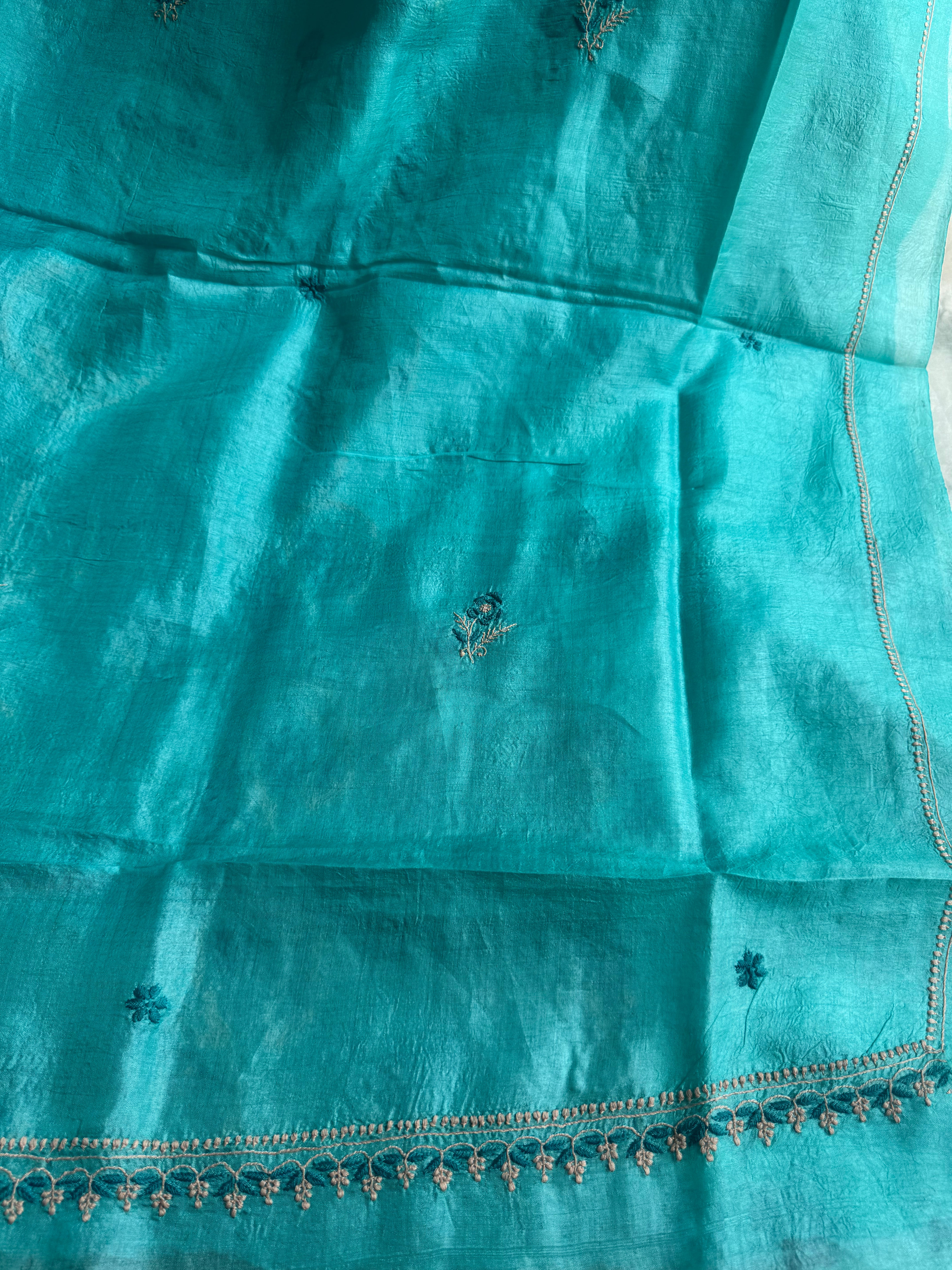 Pure Tussar Silk Chikankari Length with Dupatta -  Blue Multi Thread ARIAA CHIKANKARI 