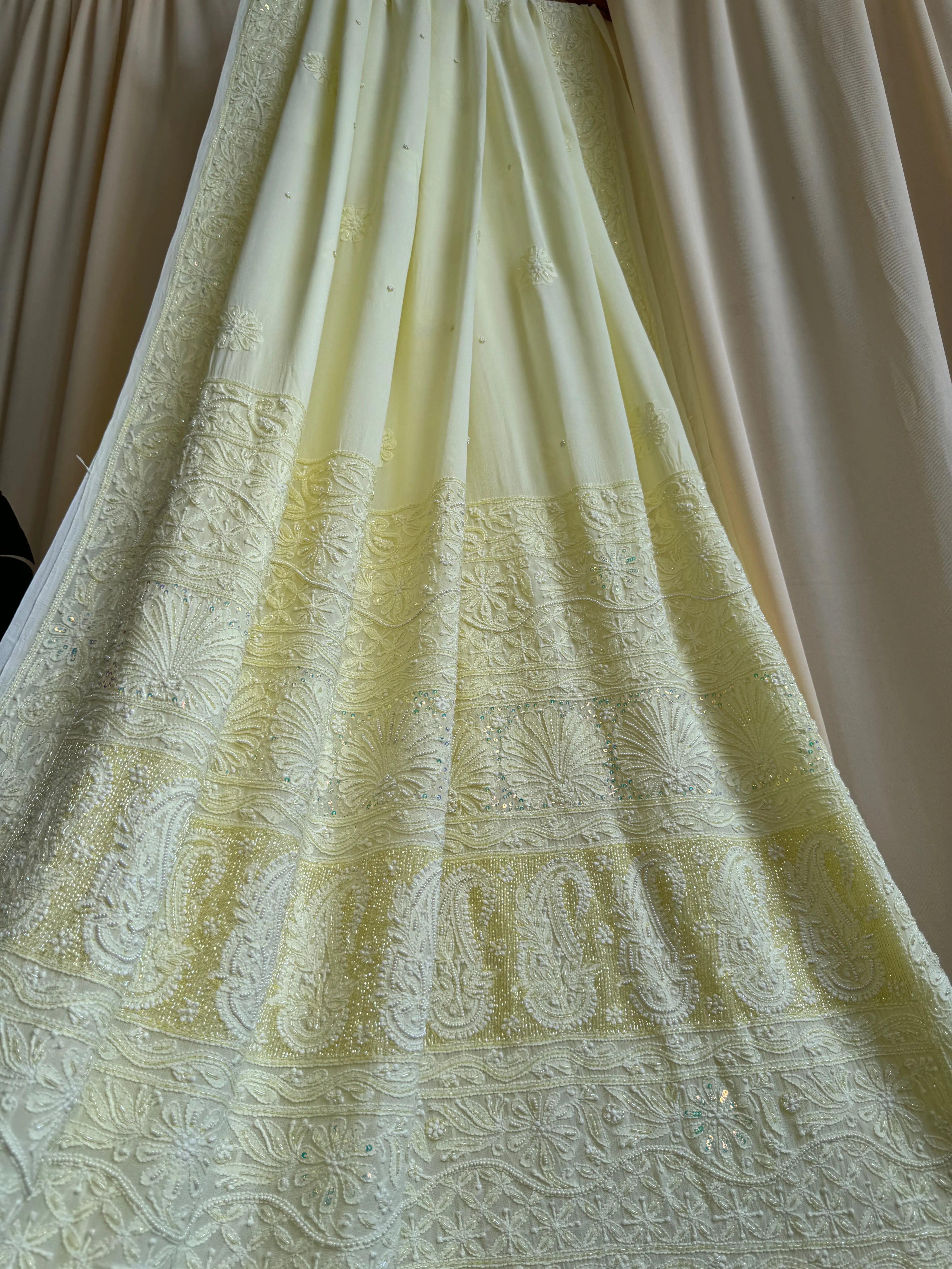 Viscose Yellow Chikankari saree with Pearl embellishments ARIAA CHIKANKARI 