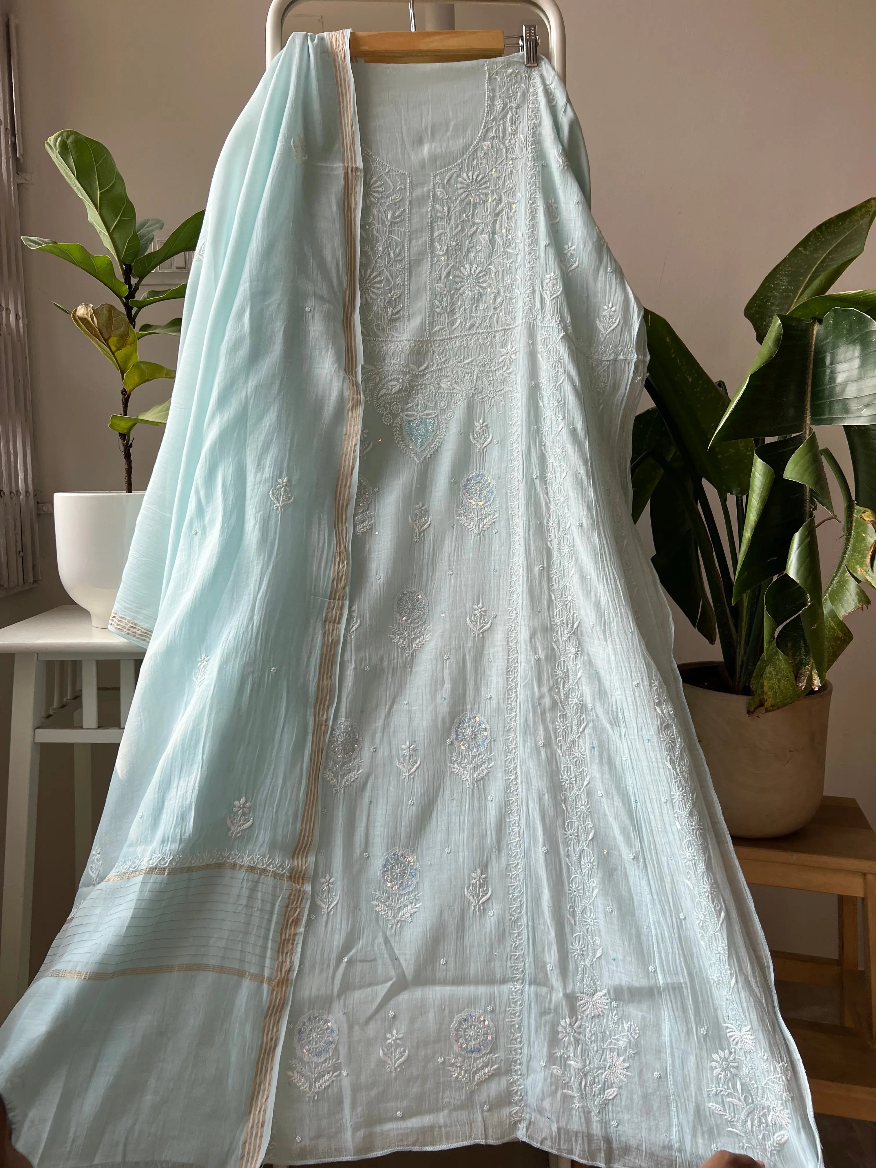 Mul Chanderi Chikankari Anarkali - Baby Blue ARIAA CHIKANKARI 