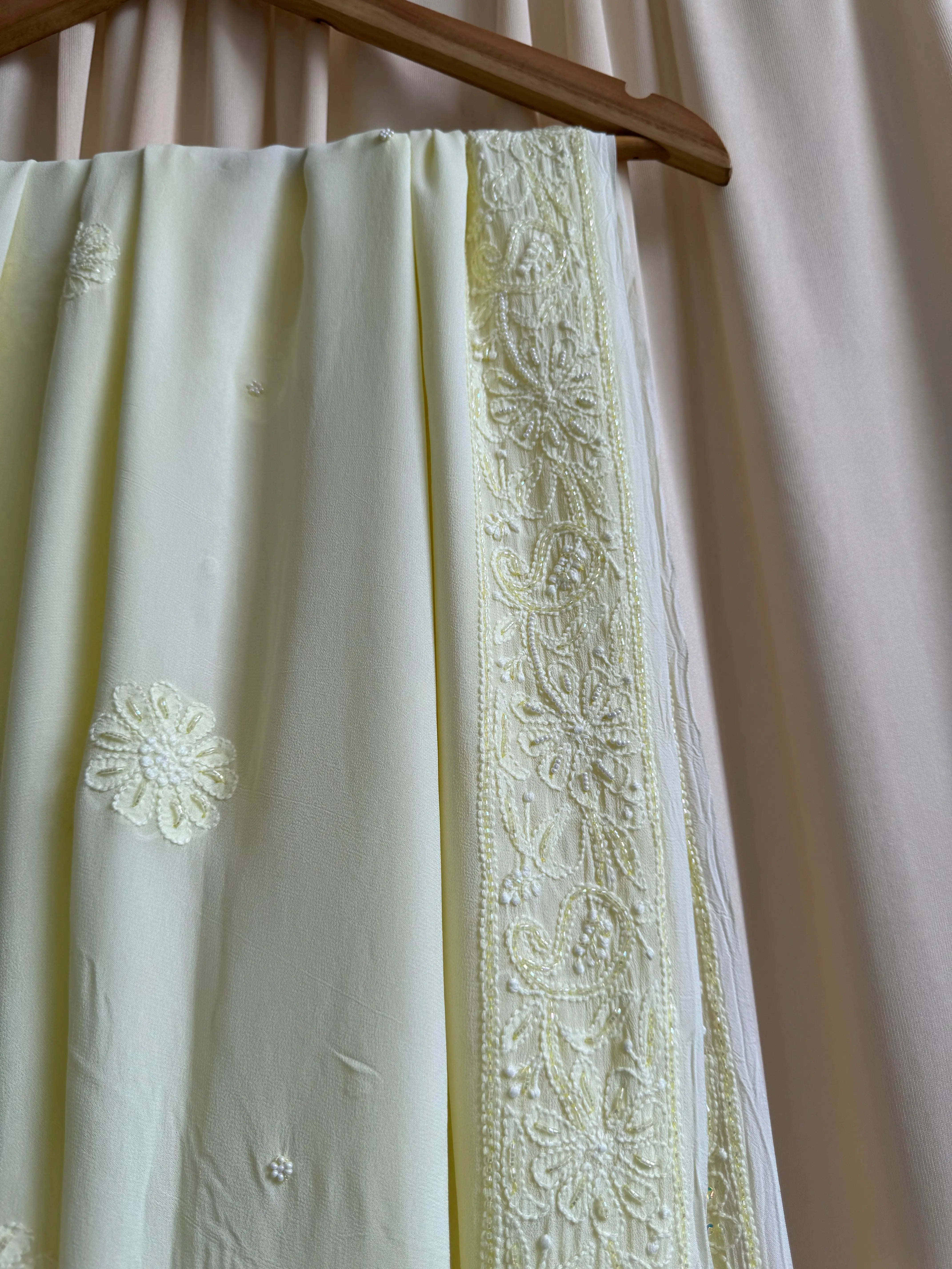 Viscose Yellow Chikankari saree with Pearl embellishments ARIAA CHIKANKARI 