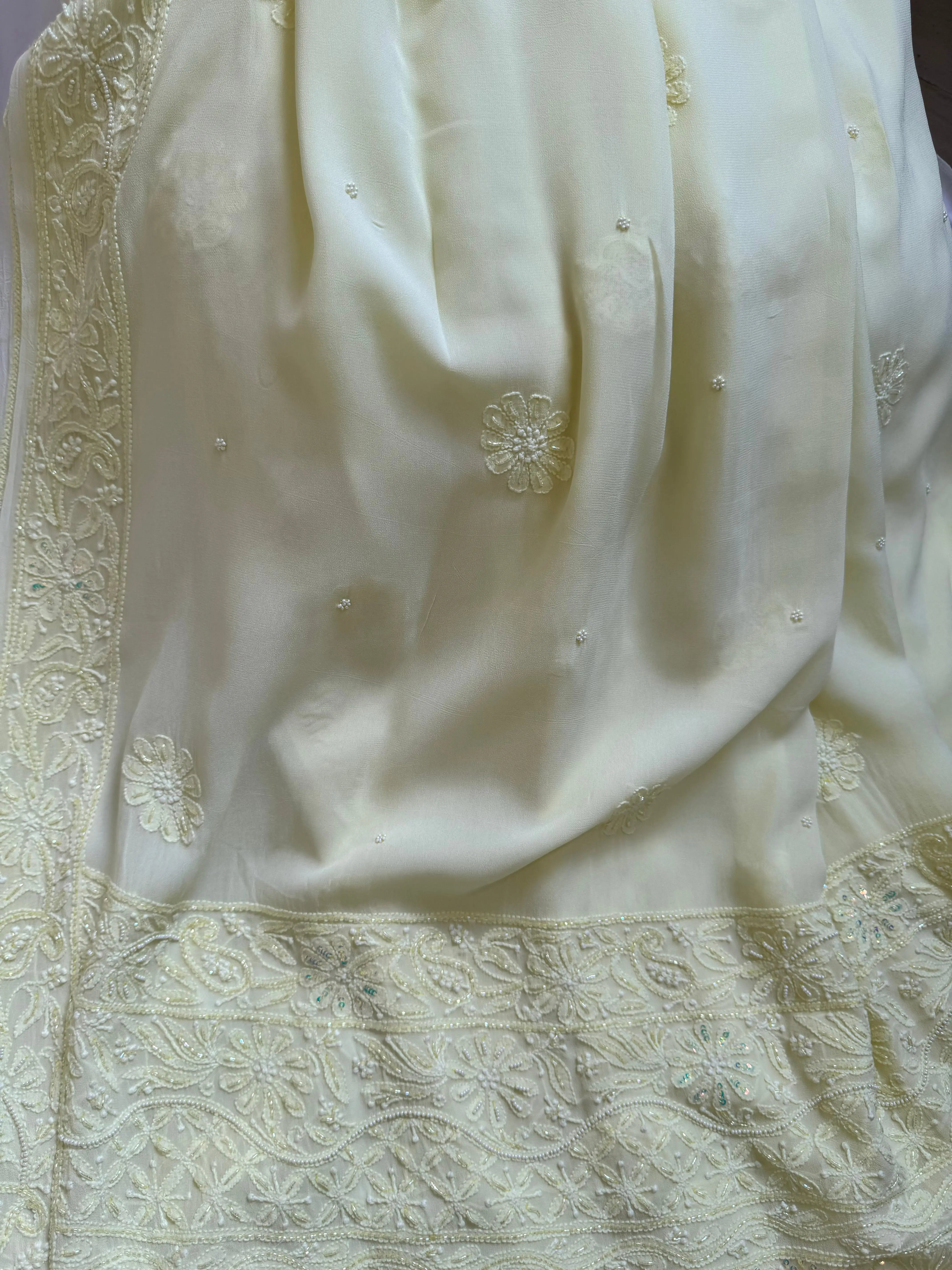 Viscose Yellow Chikankari saree with Pearl embellishments ARIAA CHIKANKARI 