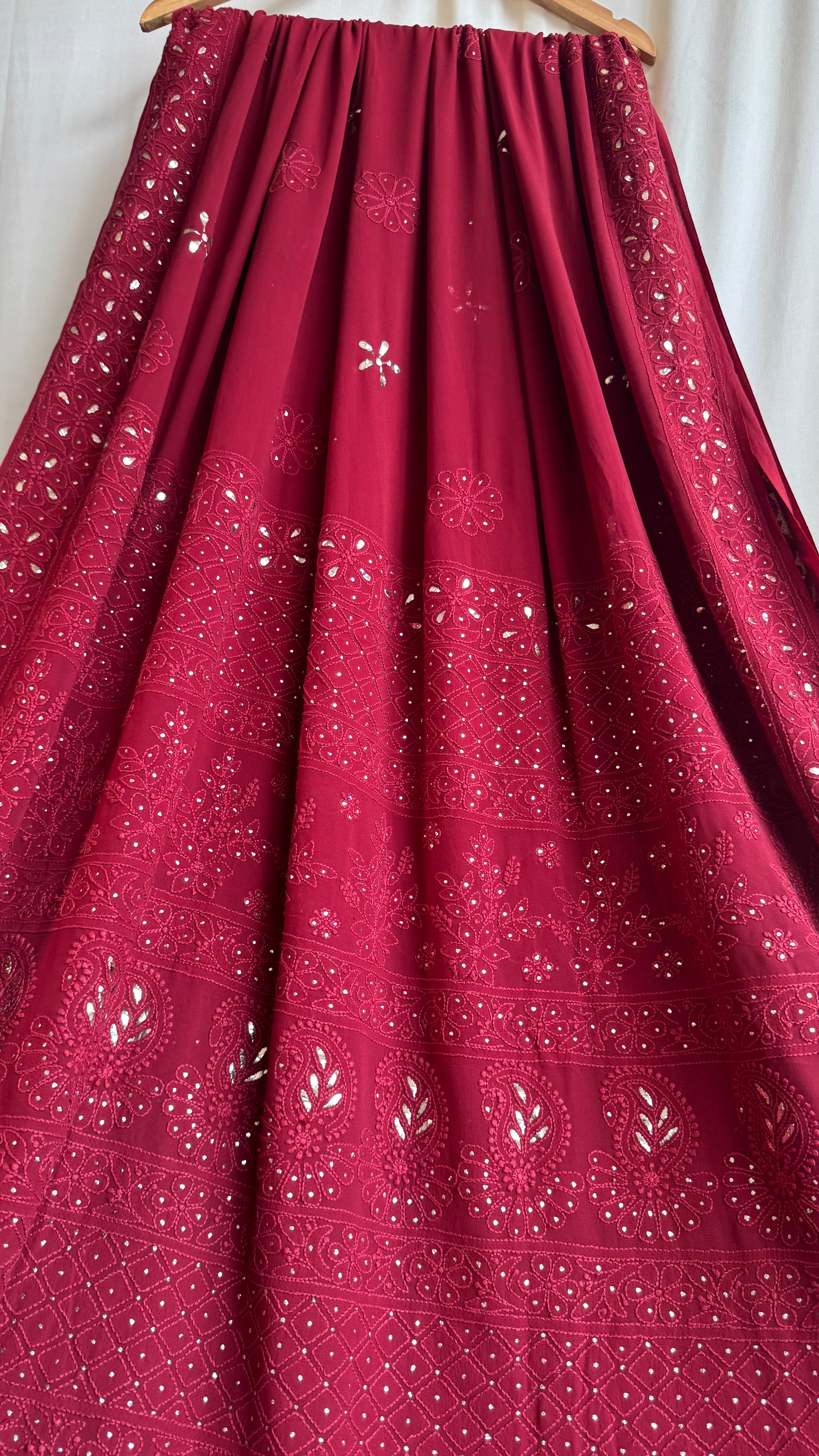 Viscose Maroon Chikankari saree with Mukaish Work