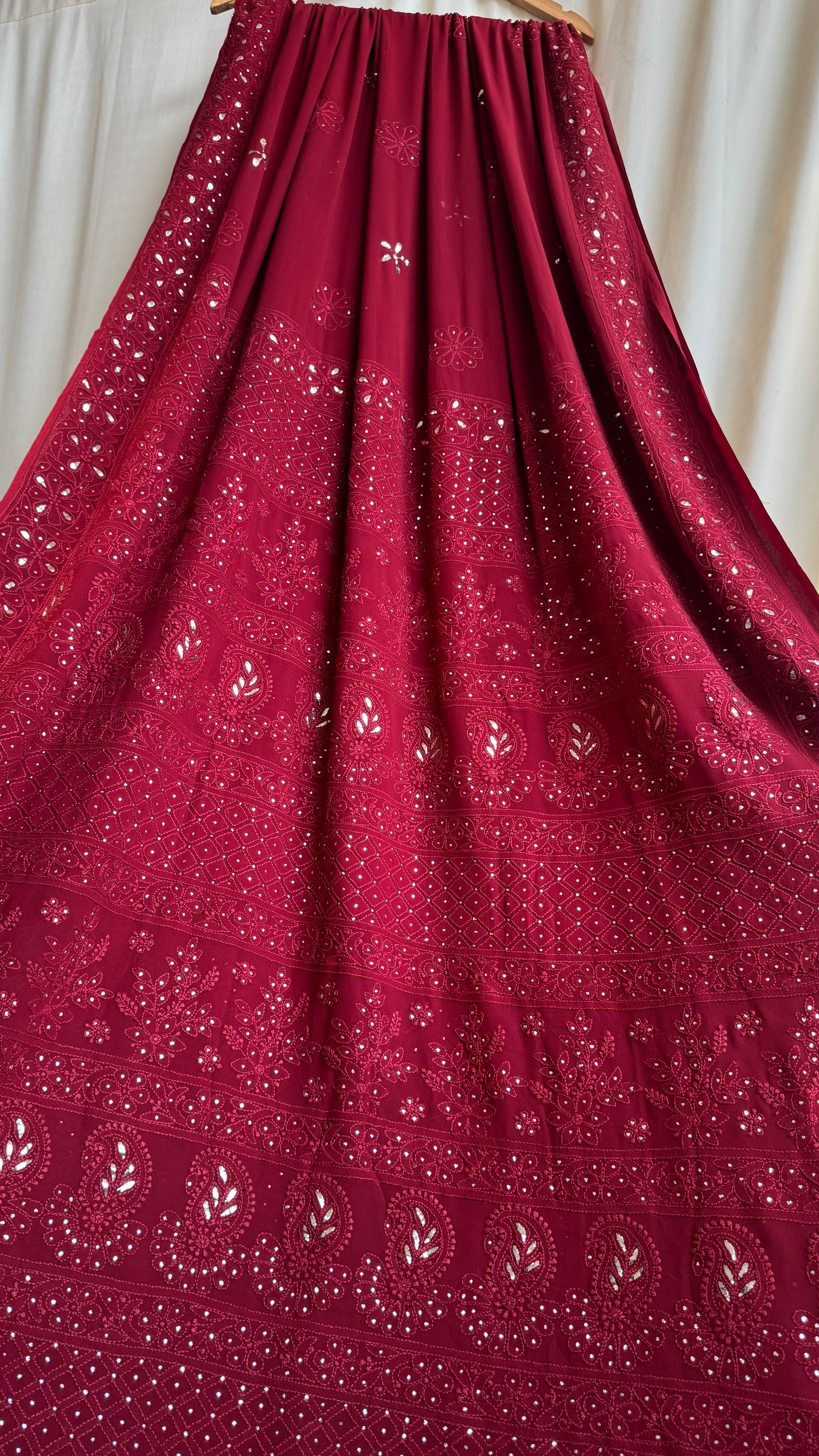 Viscose Maroon Chikankari saree with Mukaish Work
