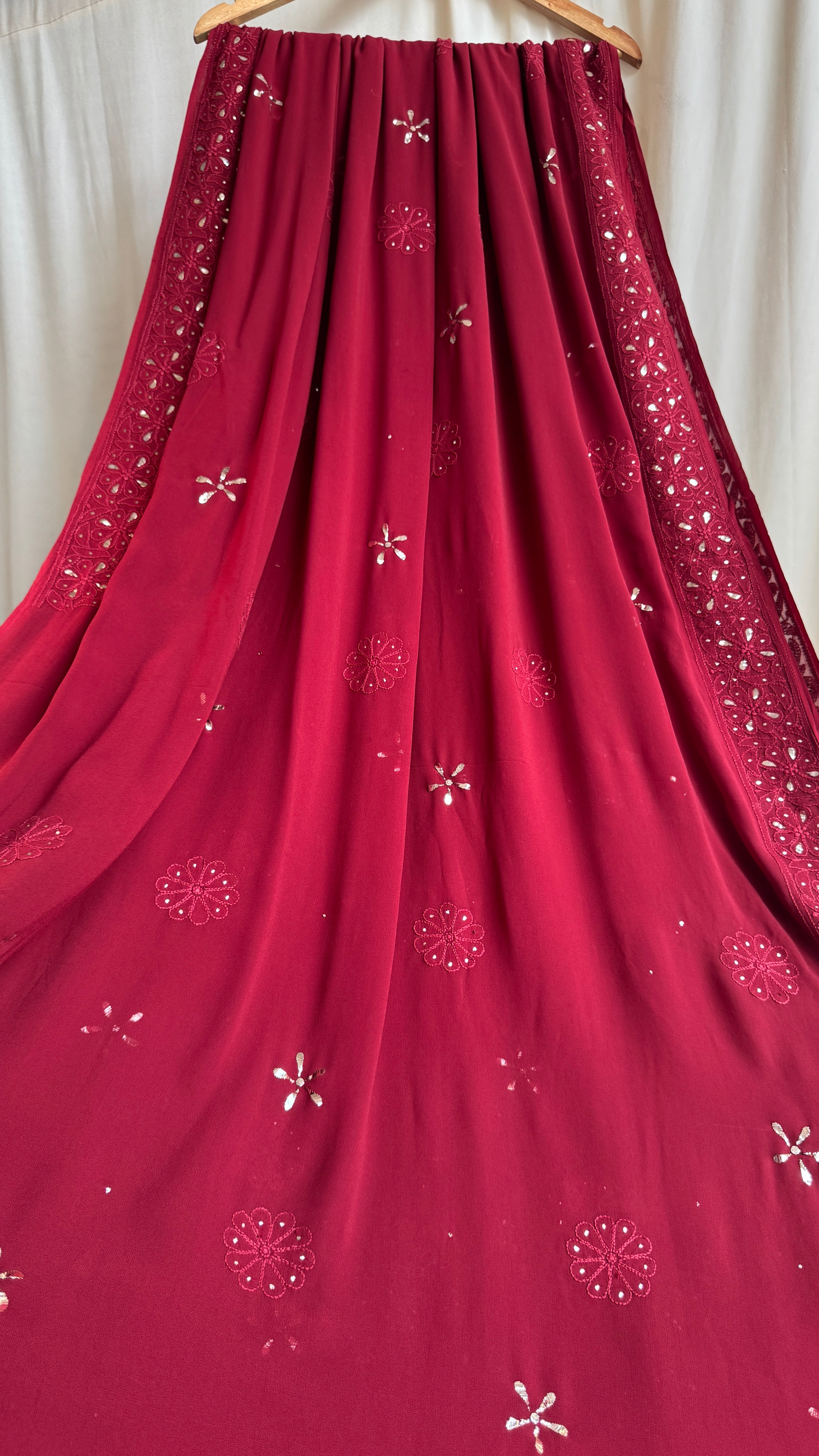 Viscose Maroon Chikankari saree with Mukaish Work