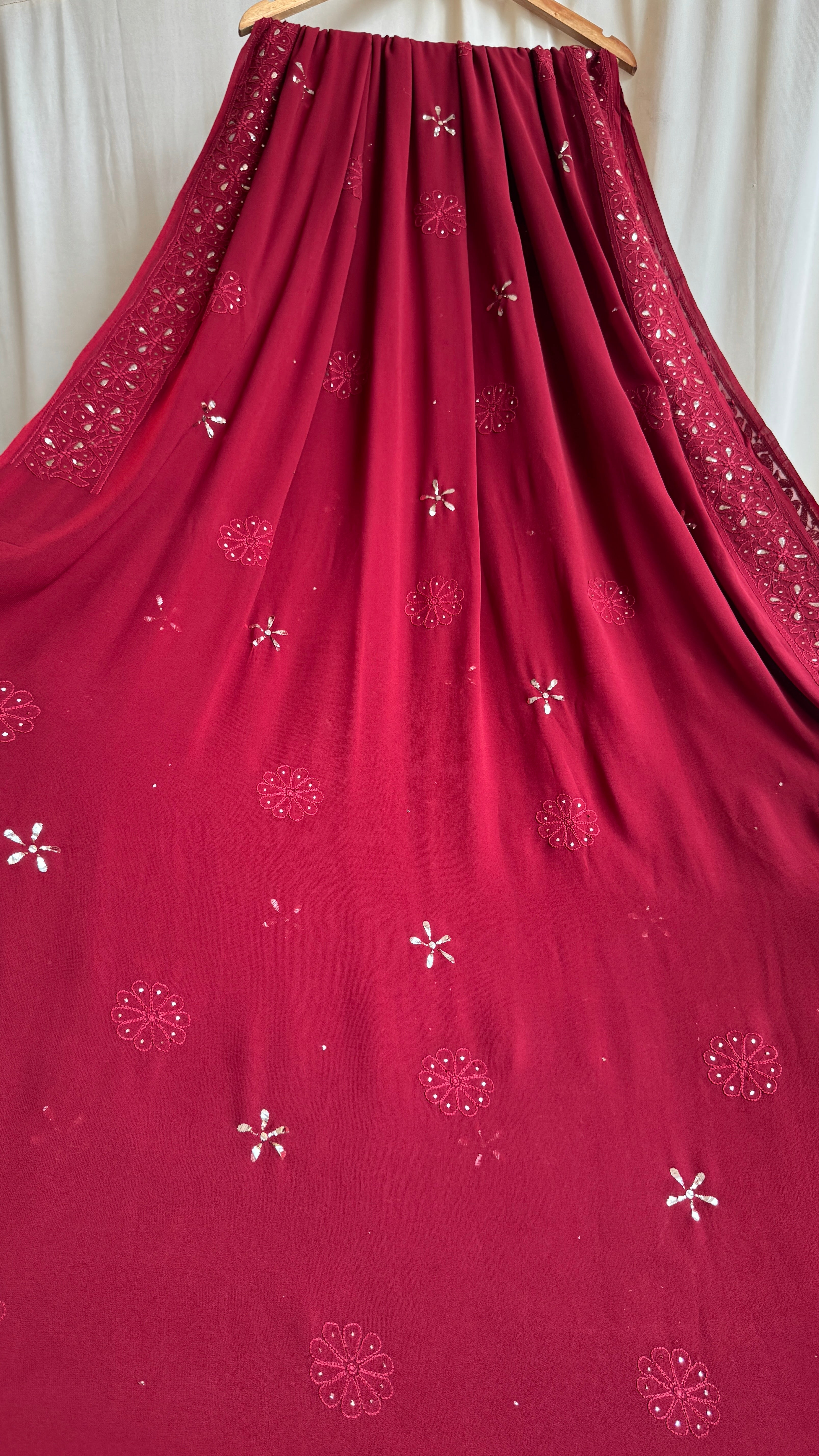 Viscose Maroon Chikankari saree with Mukaish Work