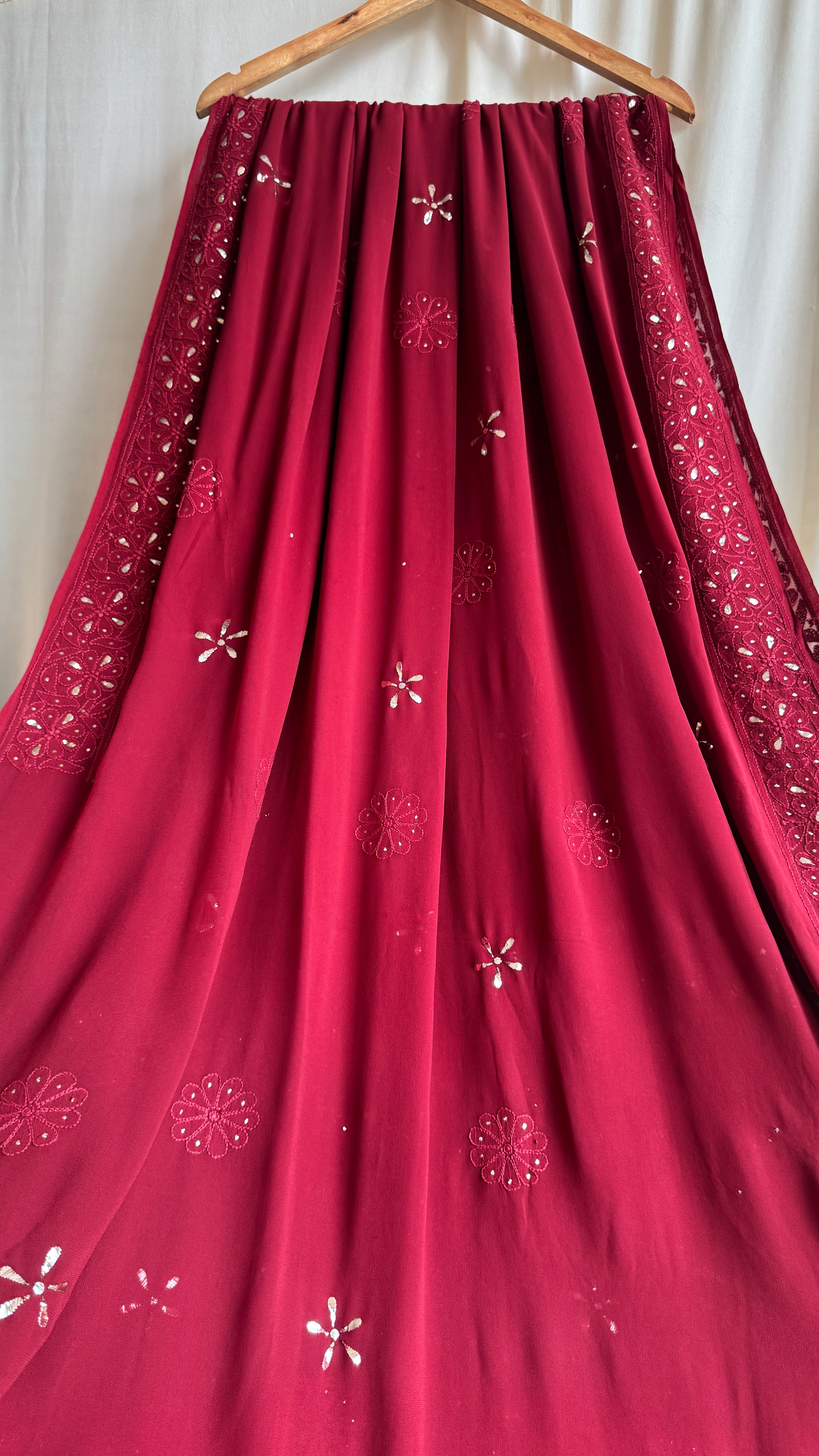Viscose Maroon Chikankari saree with Mukaish Work
