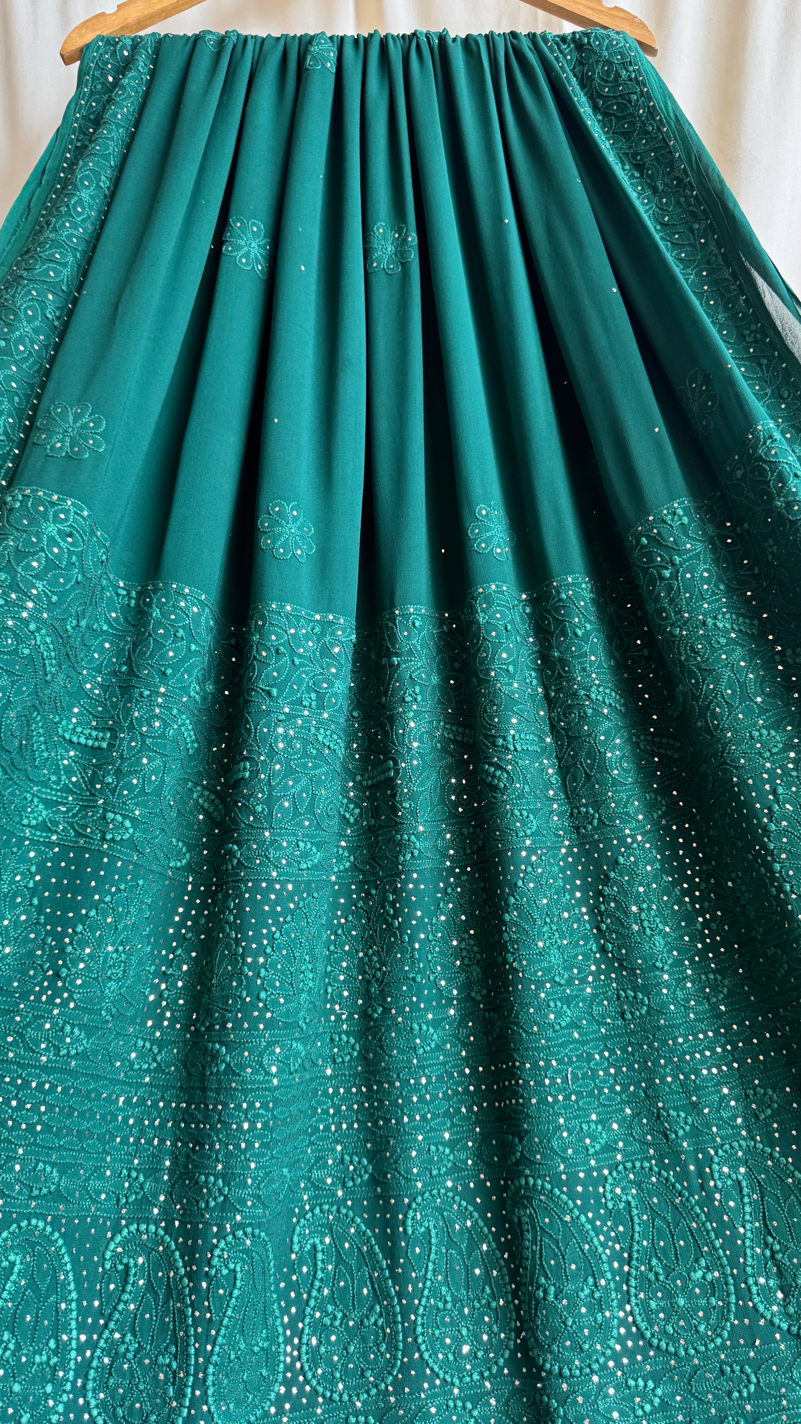Viscose Green Chikankari saree with Mukaish Work
