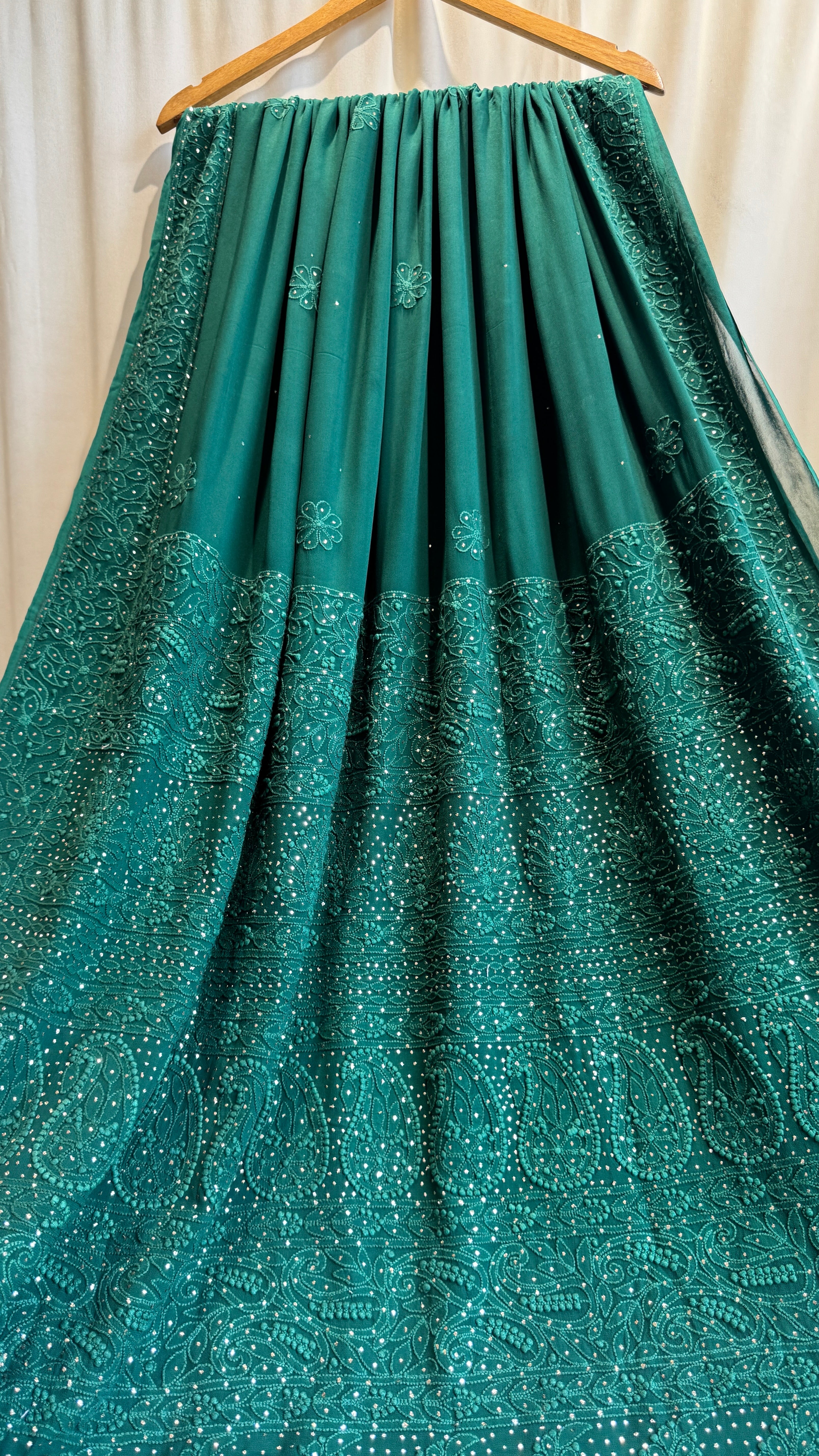 Viscose Green Chikankari saree with Mukaish Work