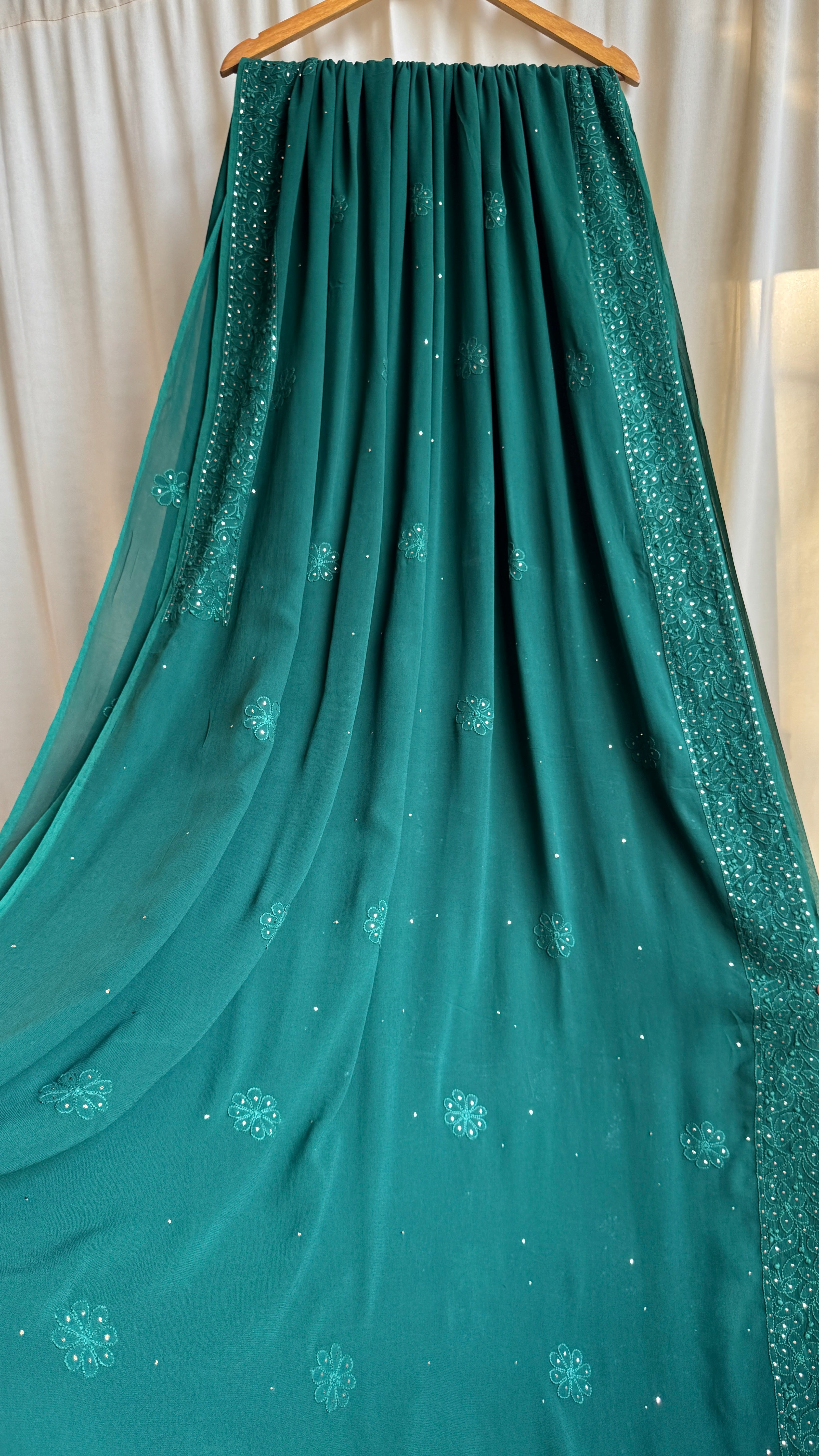 Viscose Green Chikankari saree with Mukaish Work