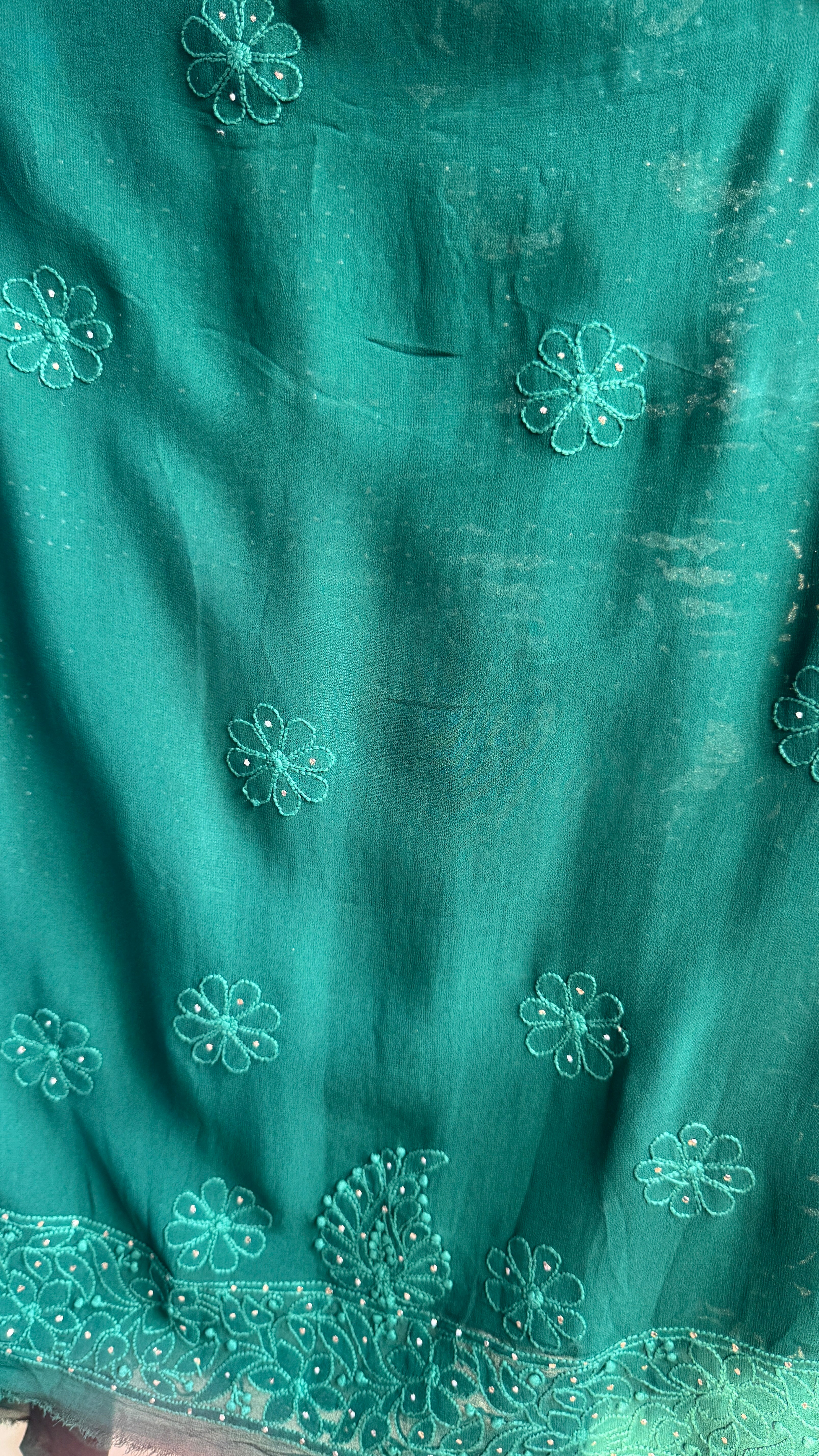 Viscose Green Chikankari saree with Mukaish Work
