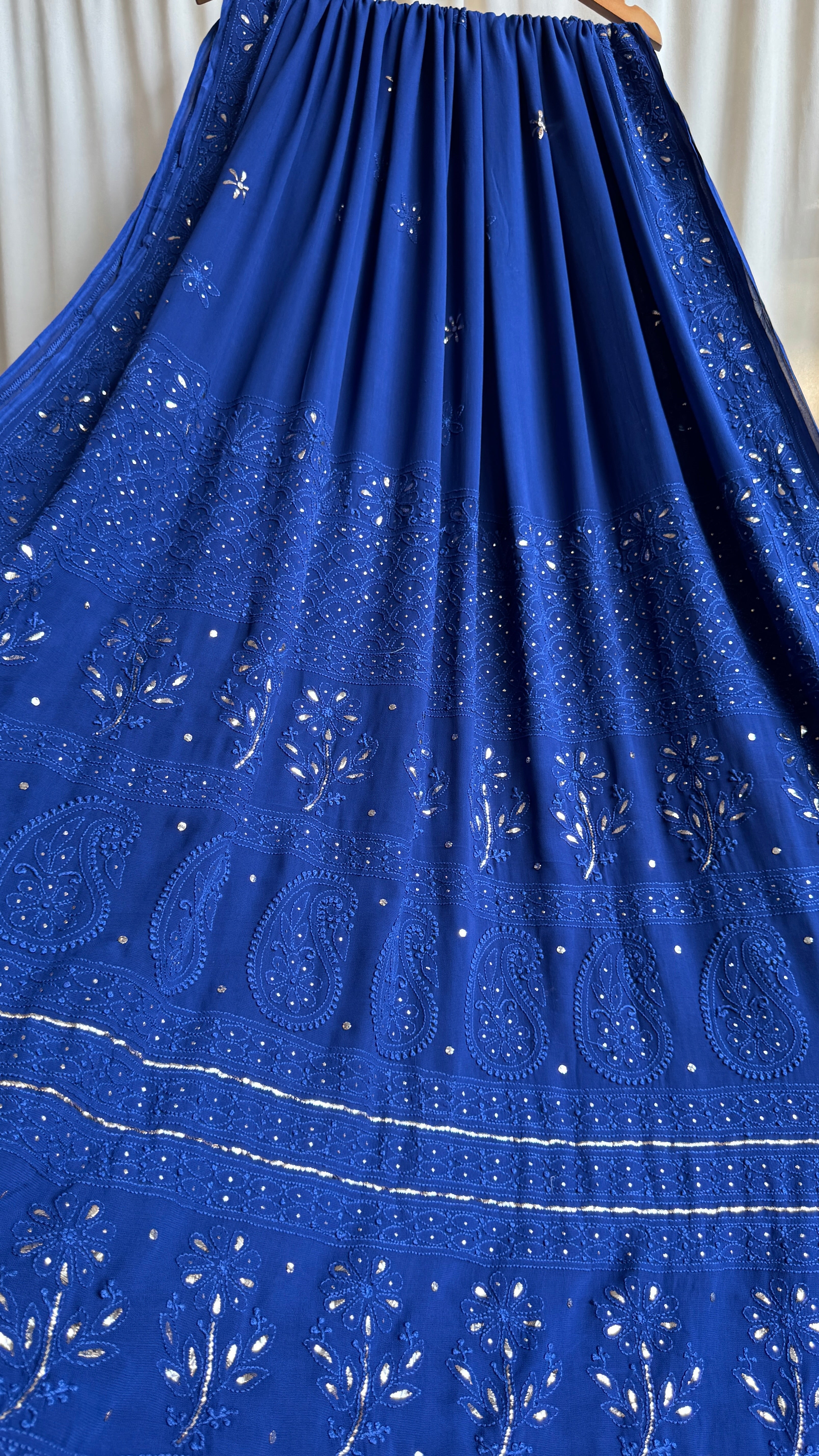 Viscose Dark Blue Chikankari saree with Mukaish Work