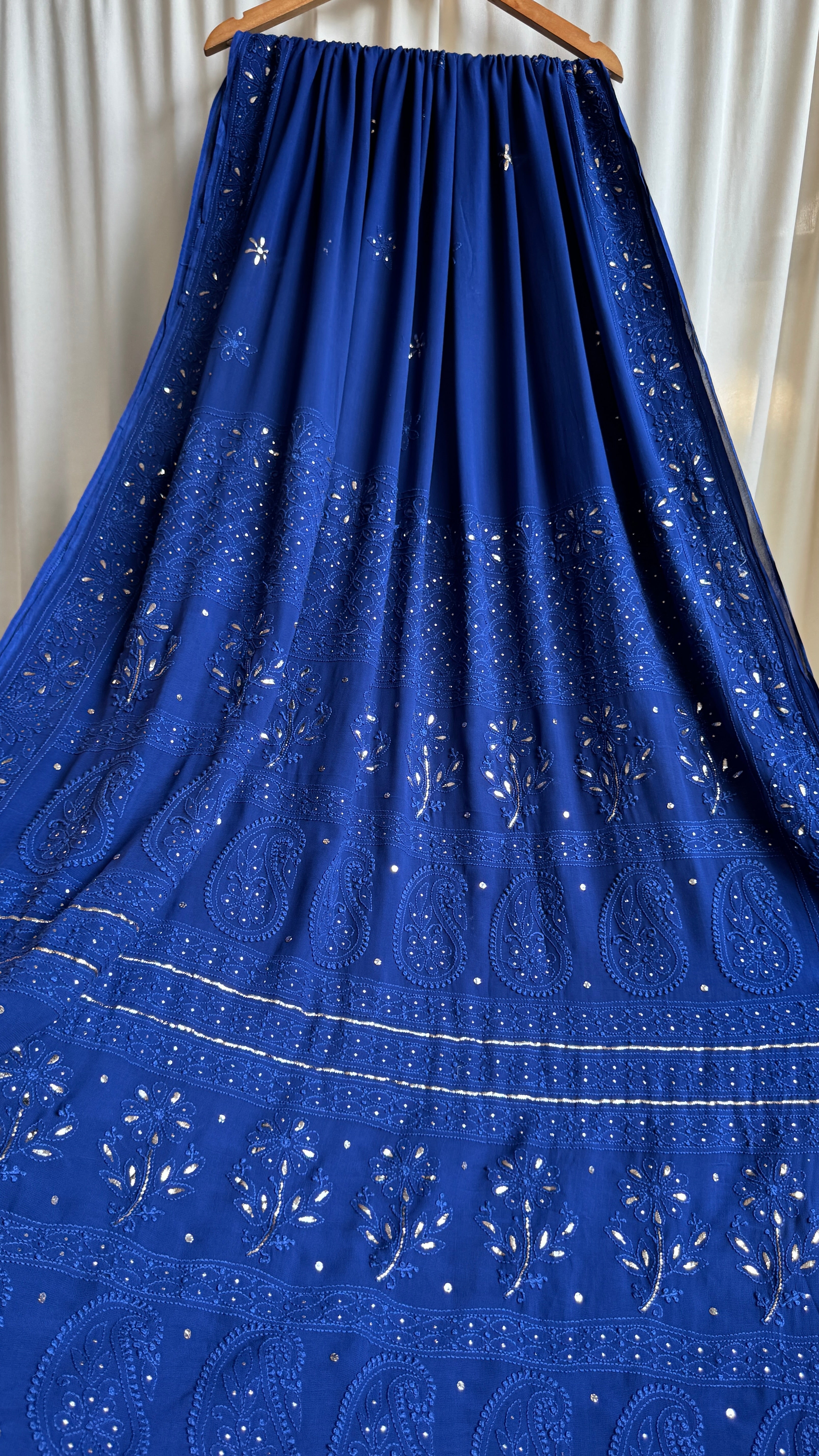 Viscose Dark Blue Chikankari saree with Mukaish Work