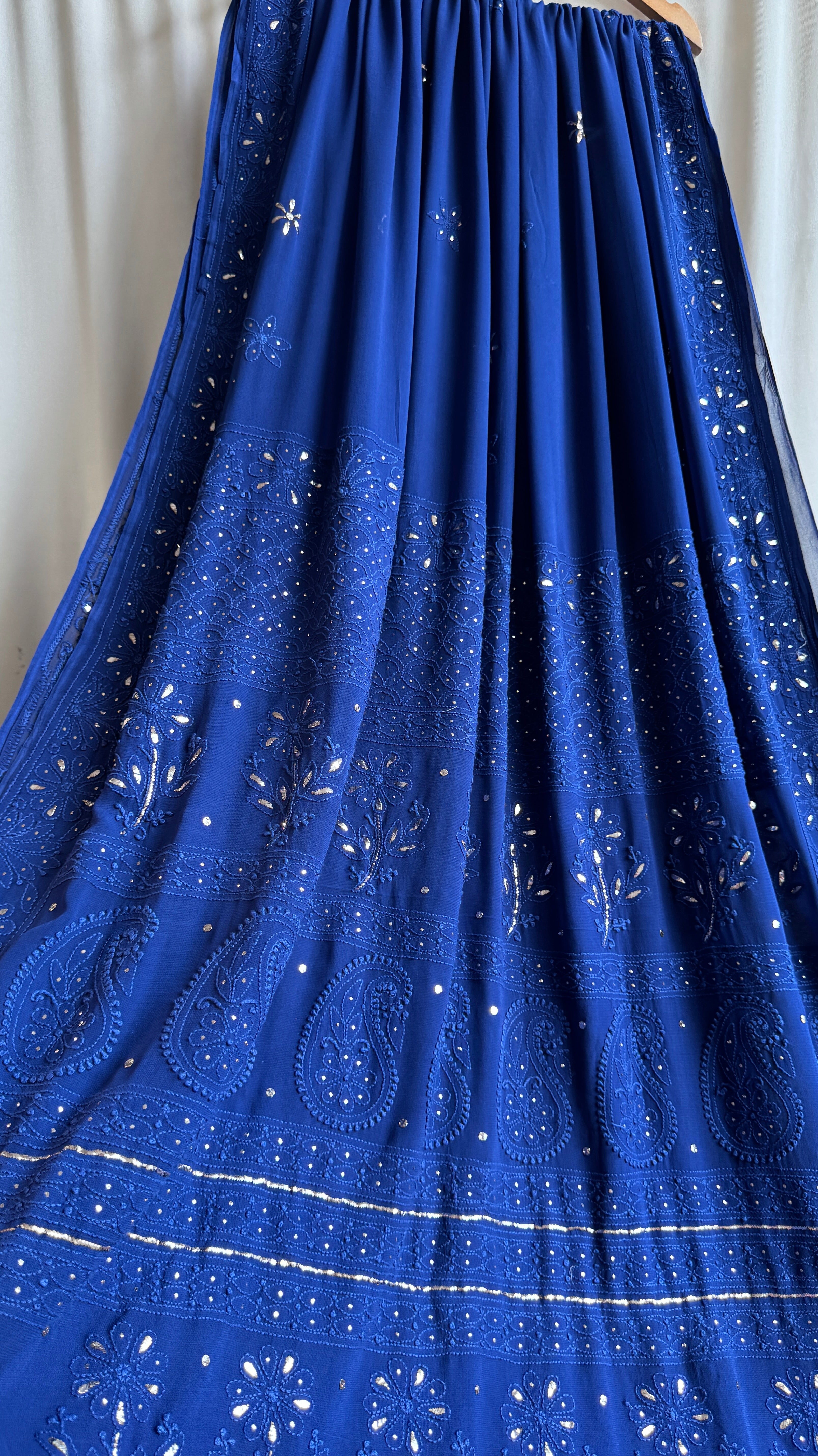 Viscose Dark Blue Chikankari saree with Mukaish Work