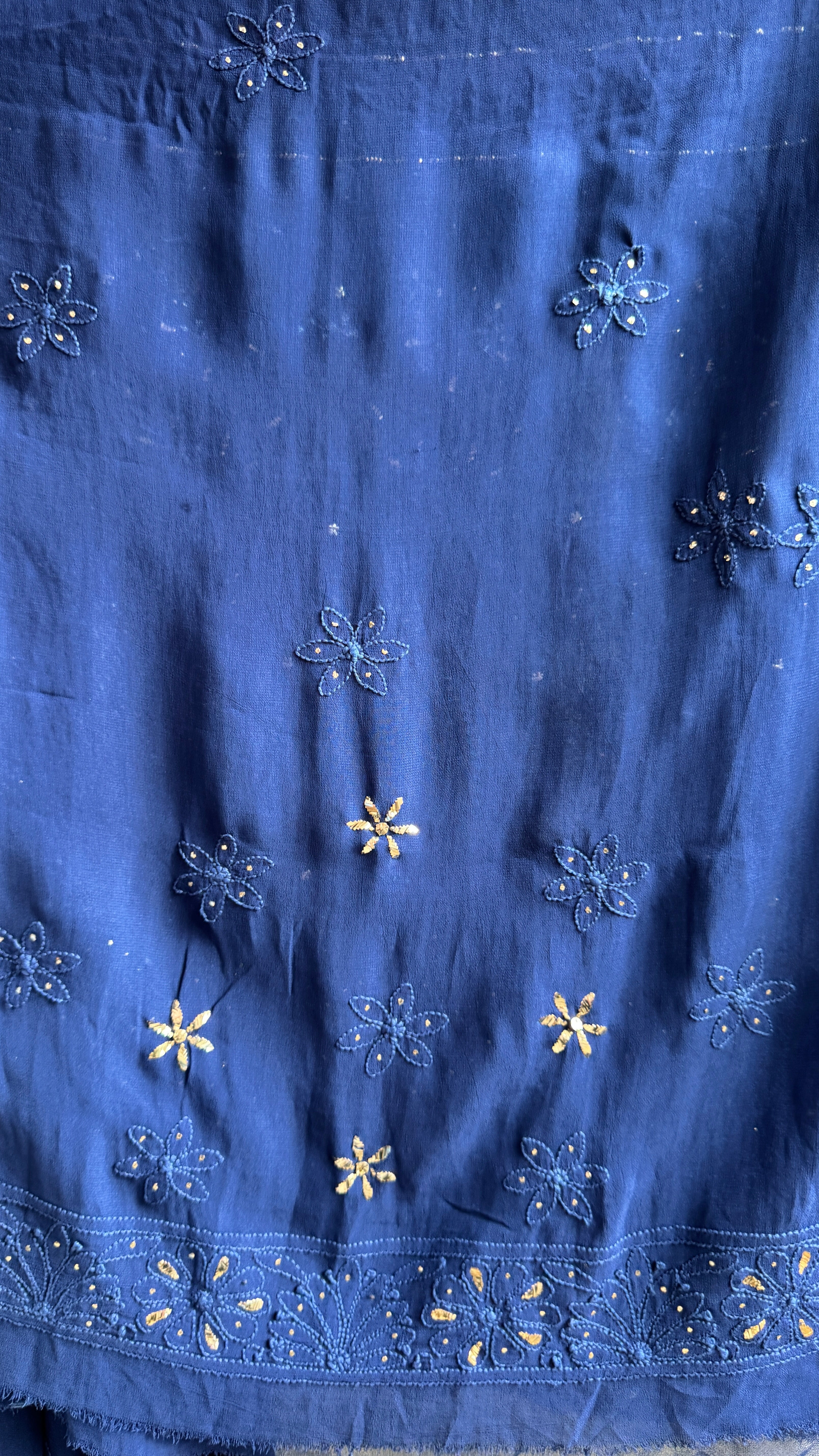 Viscose Dark Blue Chikankari saree with Mukaish Work