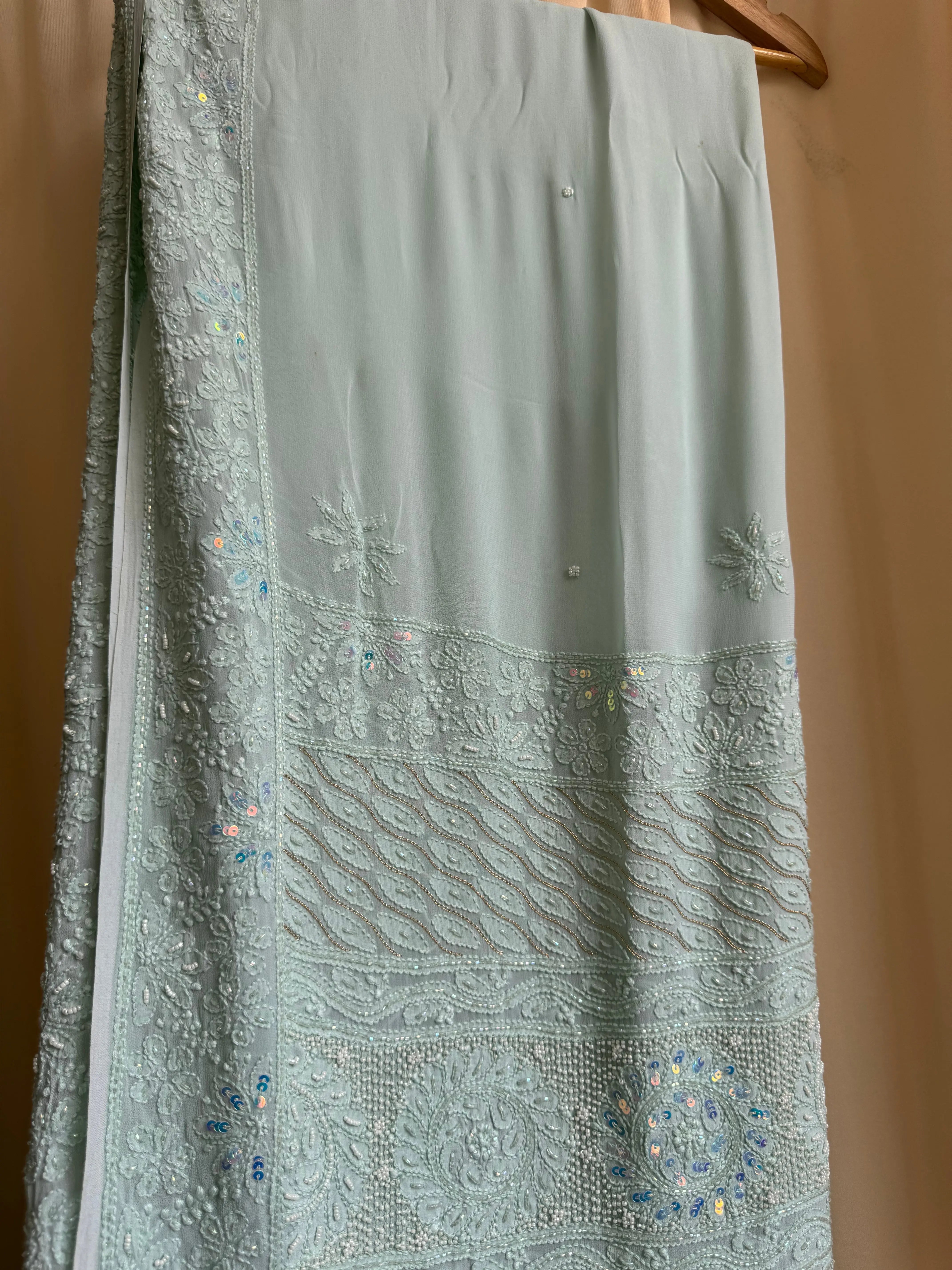 Viscose Green Chikankari saree with Pearl embellishments ARIAA CHIKANKARI 