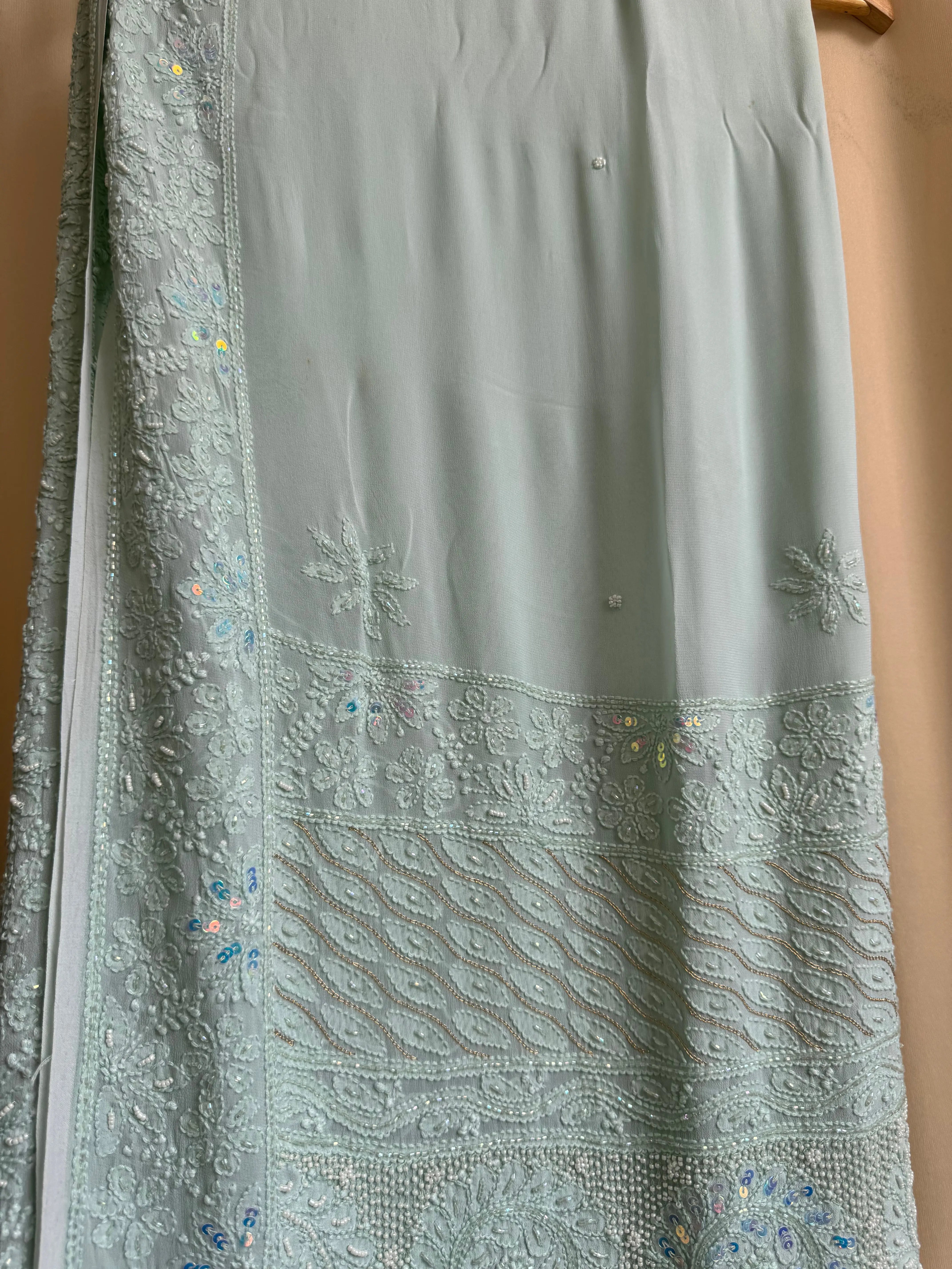 Viscose Green Chikankari saree with Pearl embellishments ARIAA CHIKANKARI 