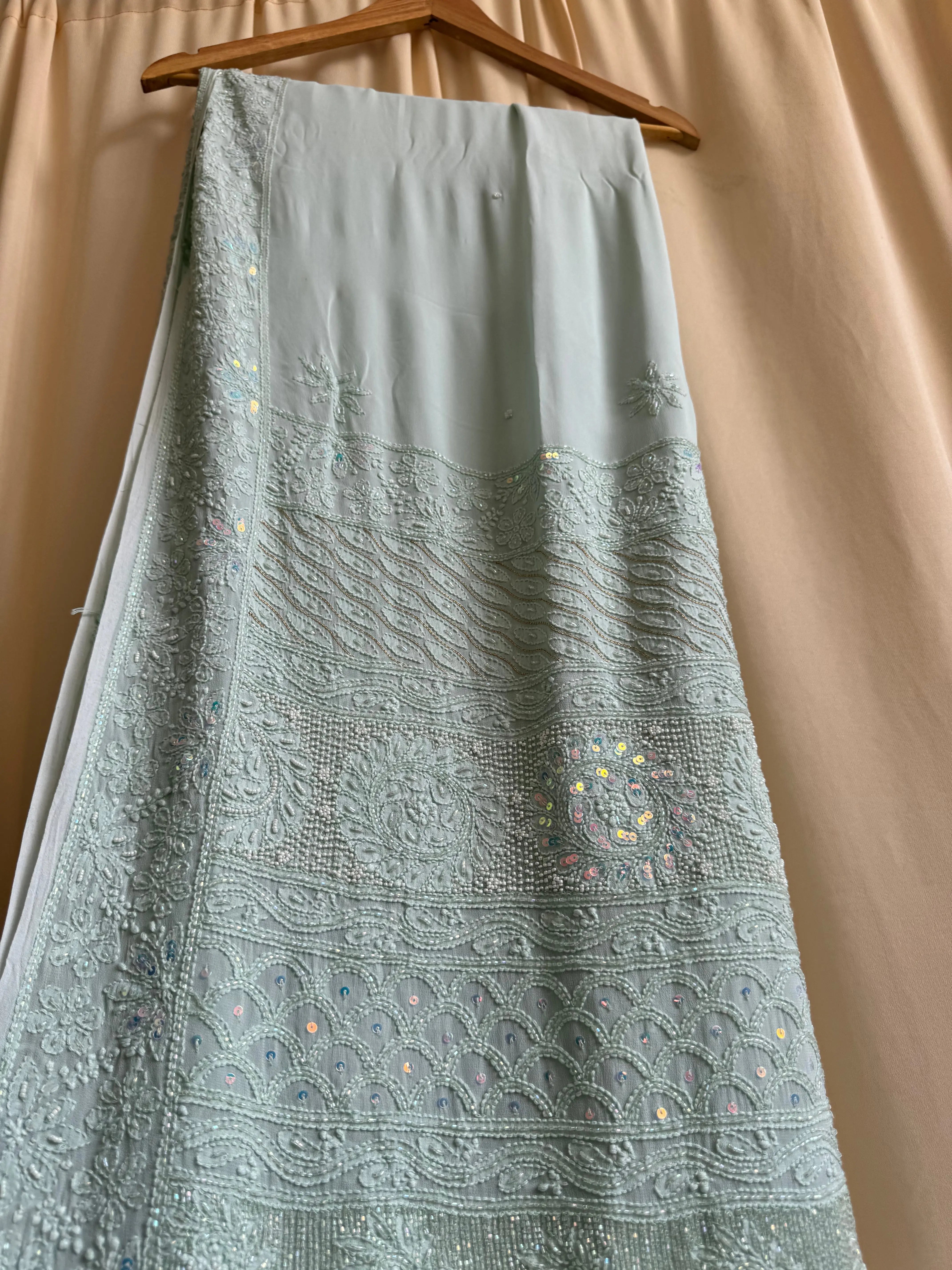 Viscose Green Chikankari saree with Pearl embellishments ARIAA CHIKANKARI 