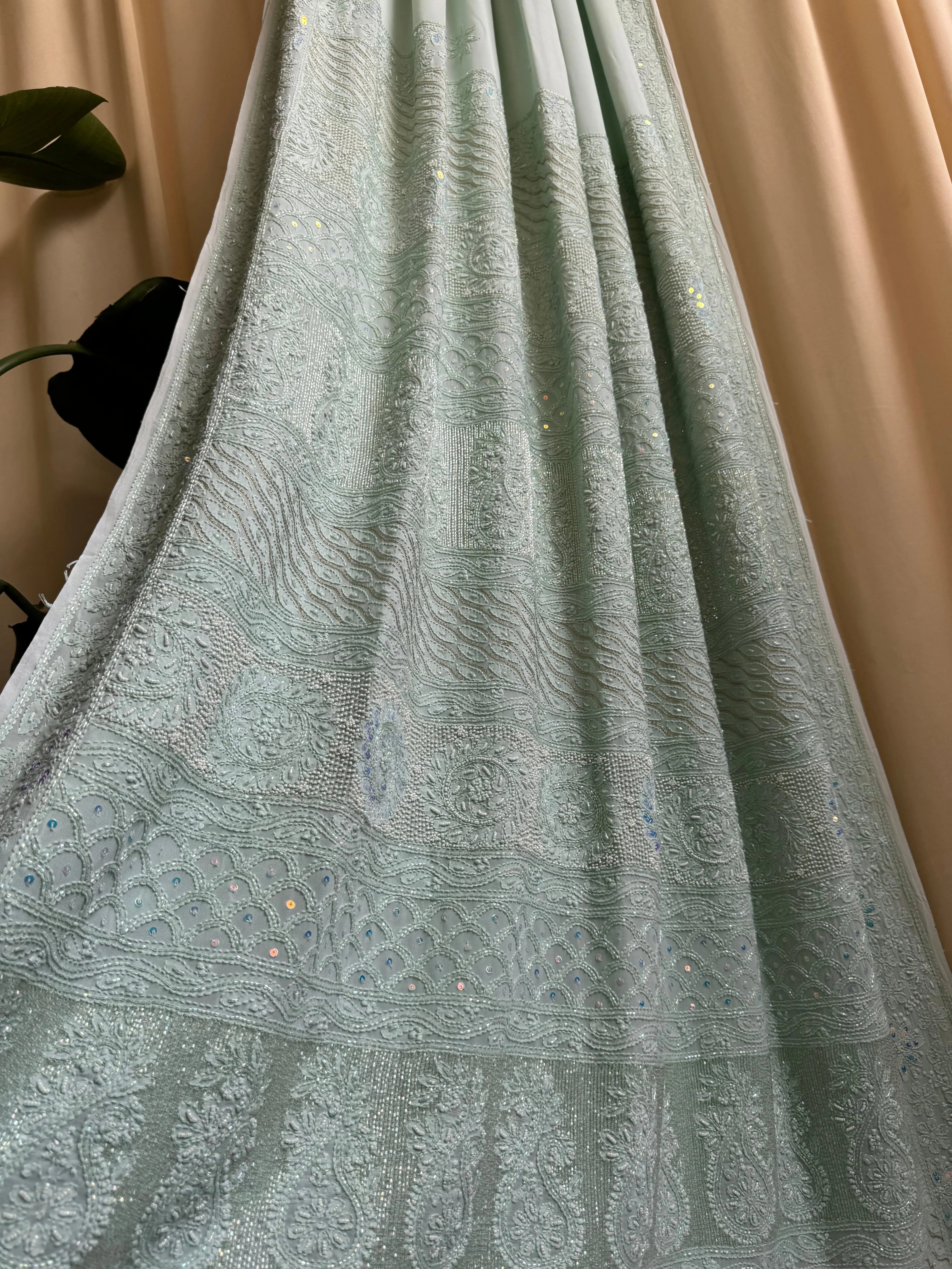 Viscose Green Chikankari saree with Pearl embellishments ARIAA CHIKANKARI 