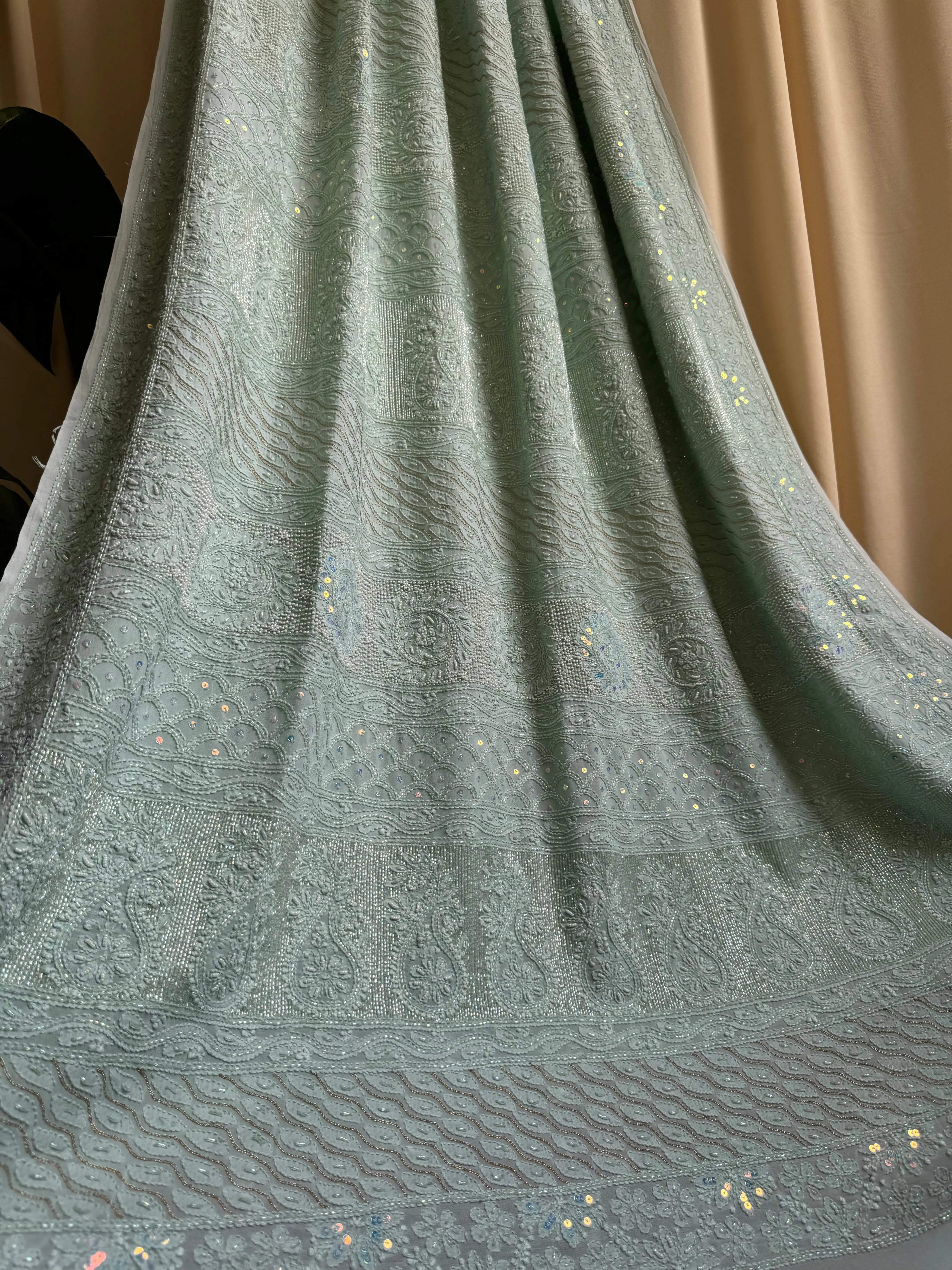 Viscose Green Chikankari saree with Pearl embellishments ARIAA CHIKANKARI 