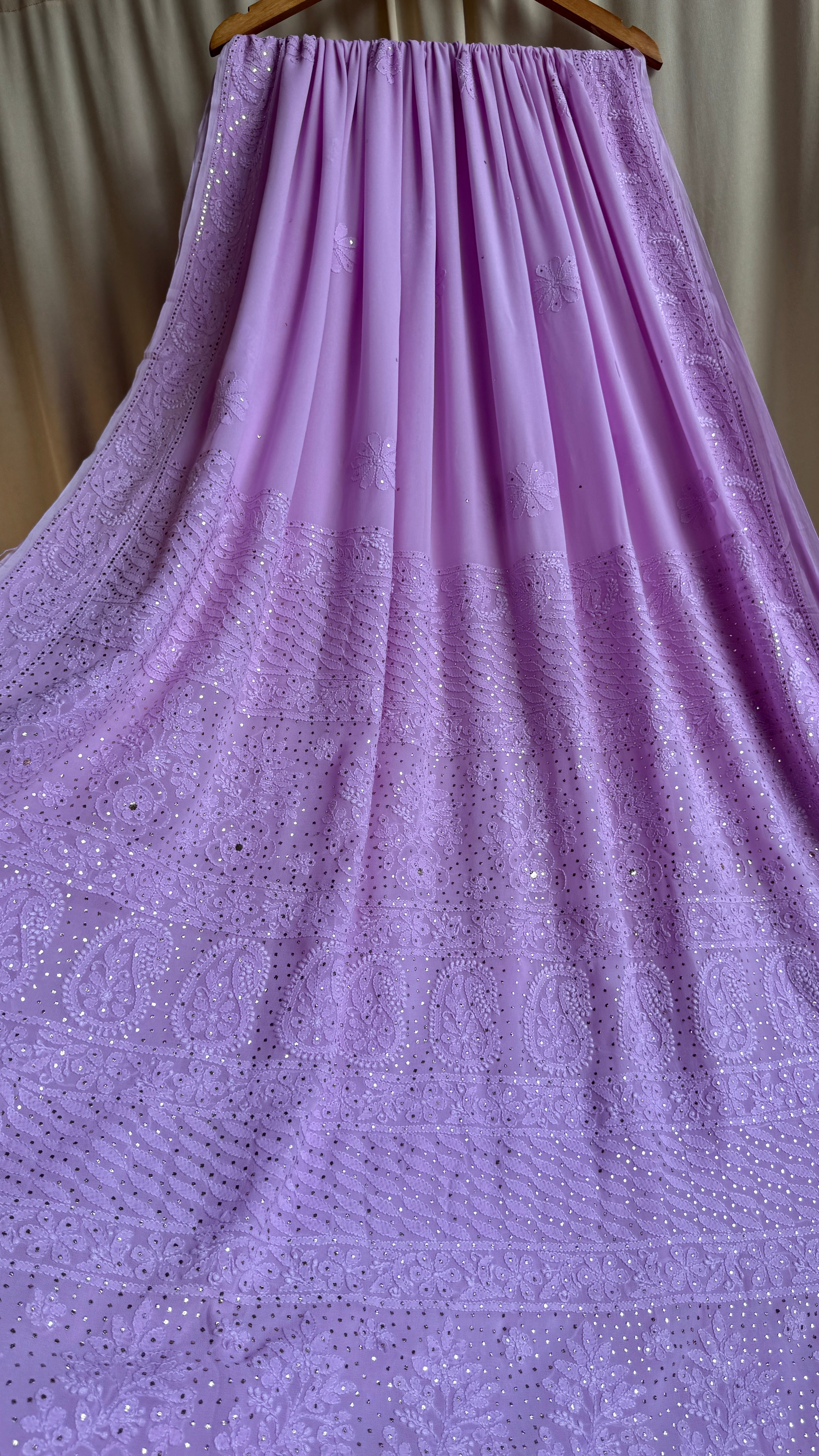 Viscose Lilac Chikankari saree with Mukaish Work