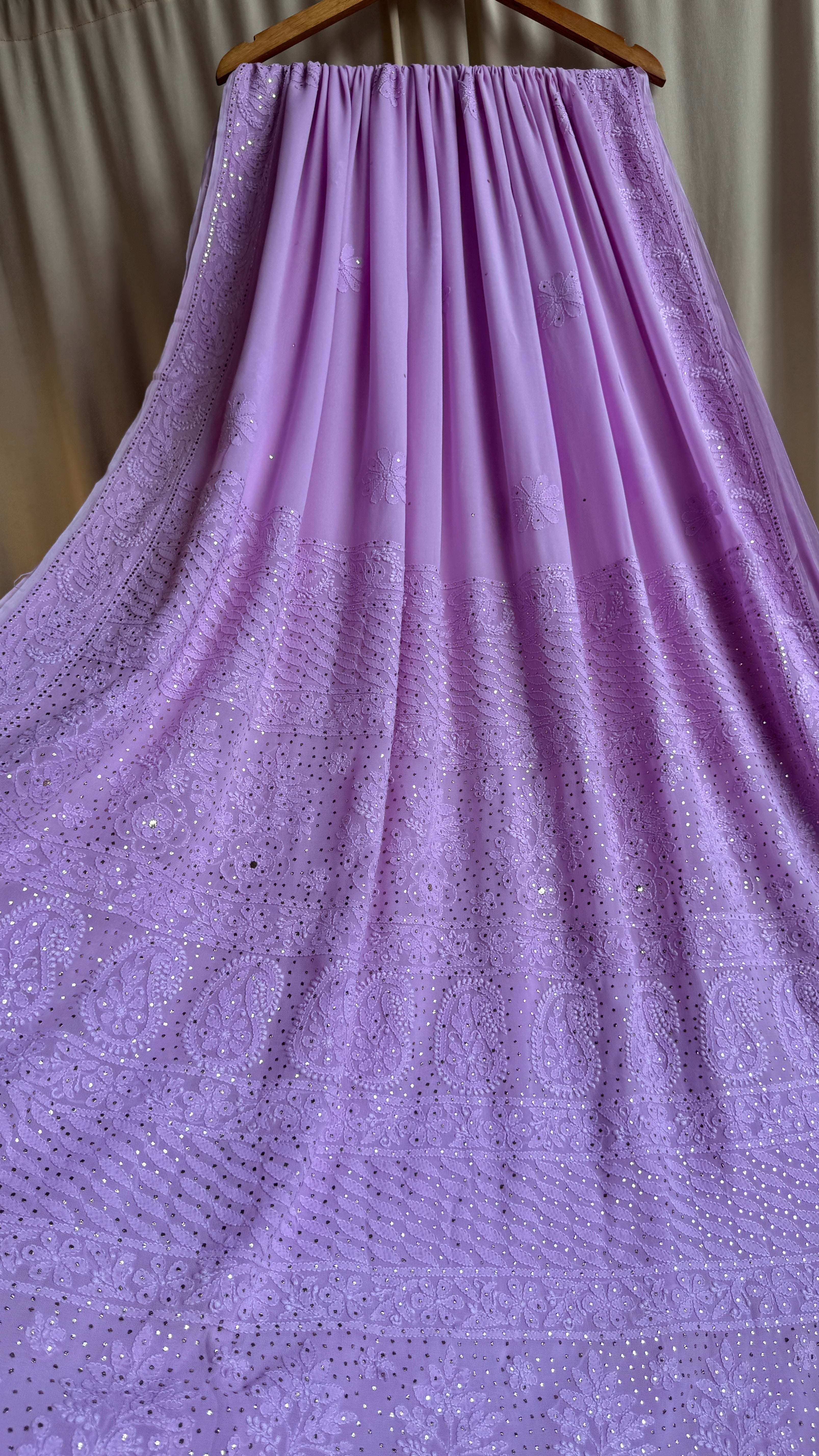 Viscose Lilac Chikankari saree with Mukaish Work