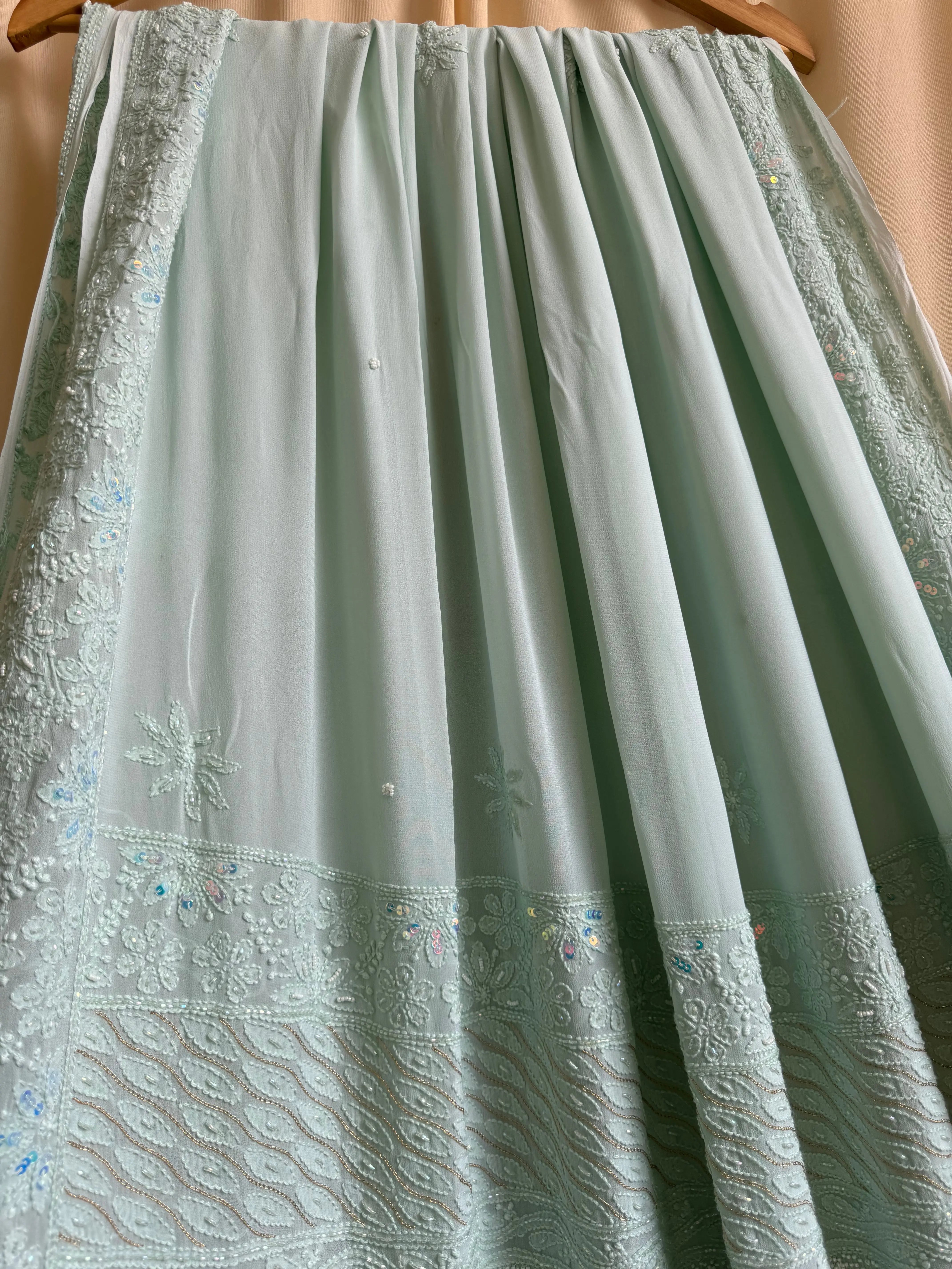 Viscose Green Chikankari saree with Pearl embellishments ARIAA CHIKANKARI 