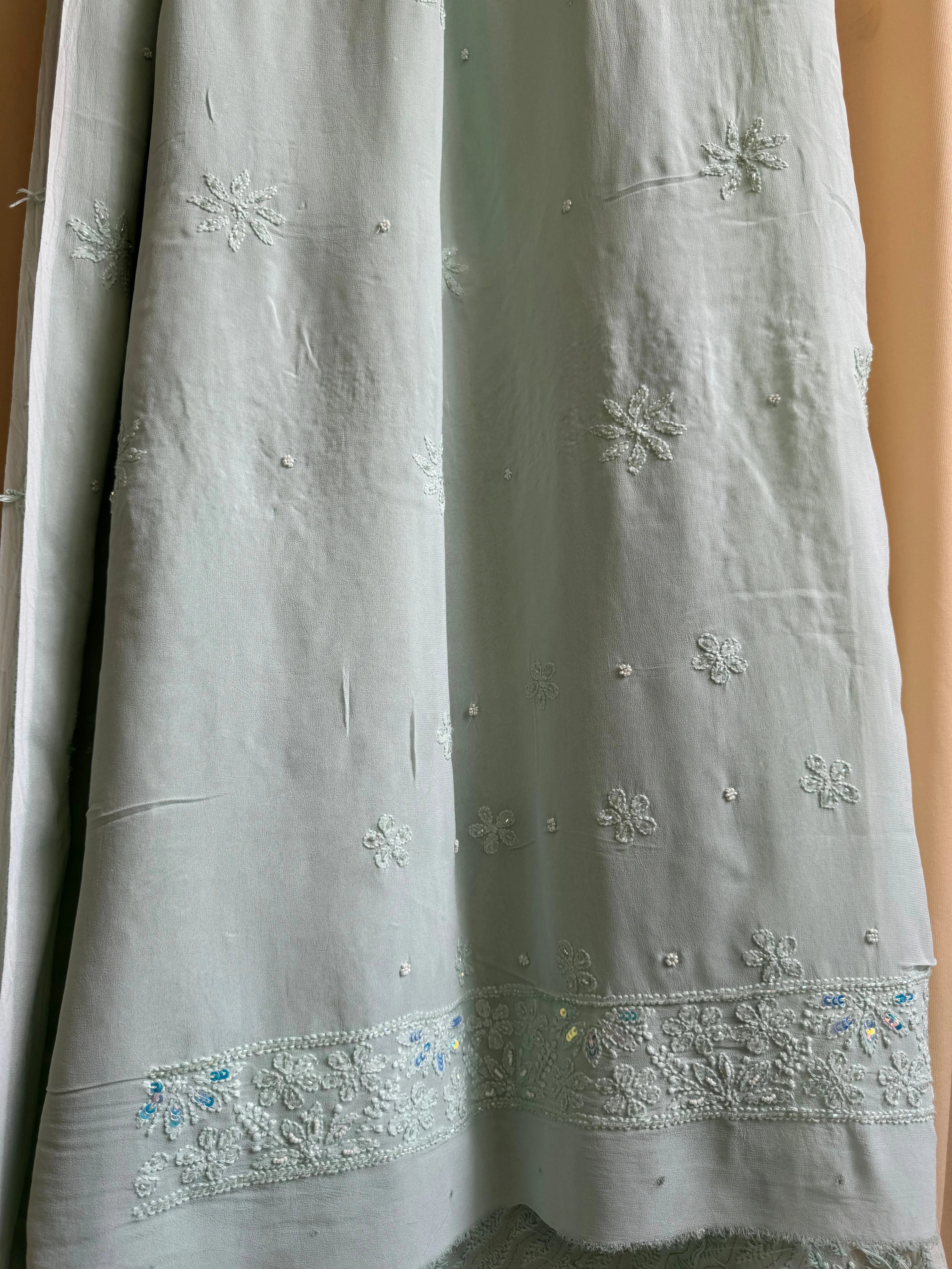 Viscose Green Chikankari saree with Pearl embellishments ARIAA CHIKANKARI 