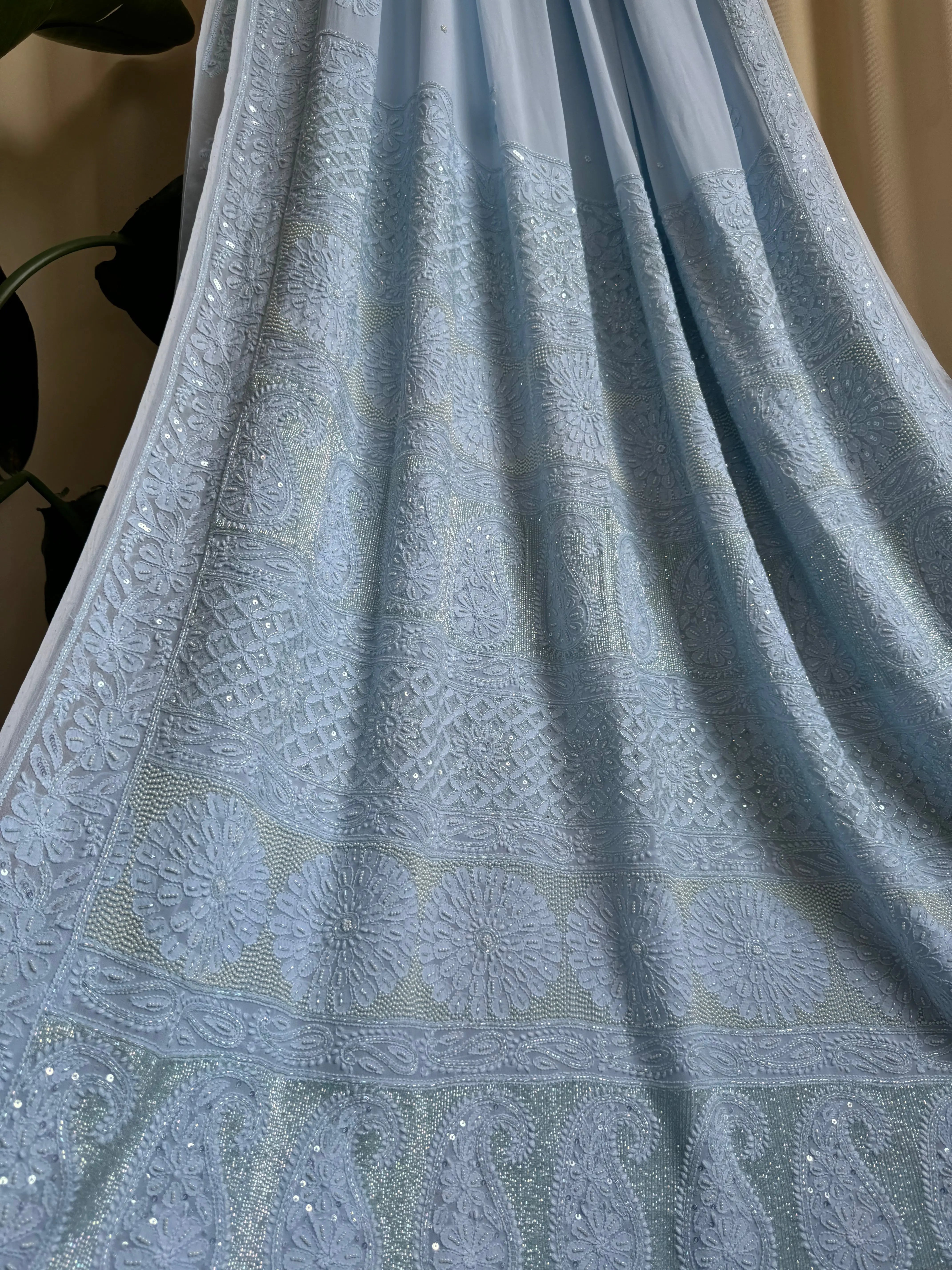 Viscose Blue Chikankari saree with Pearl embellishments ARIAA CHIKANKARI 