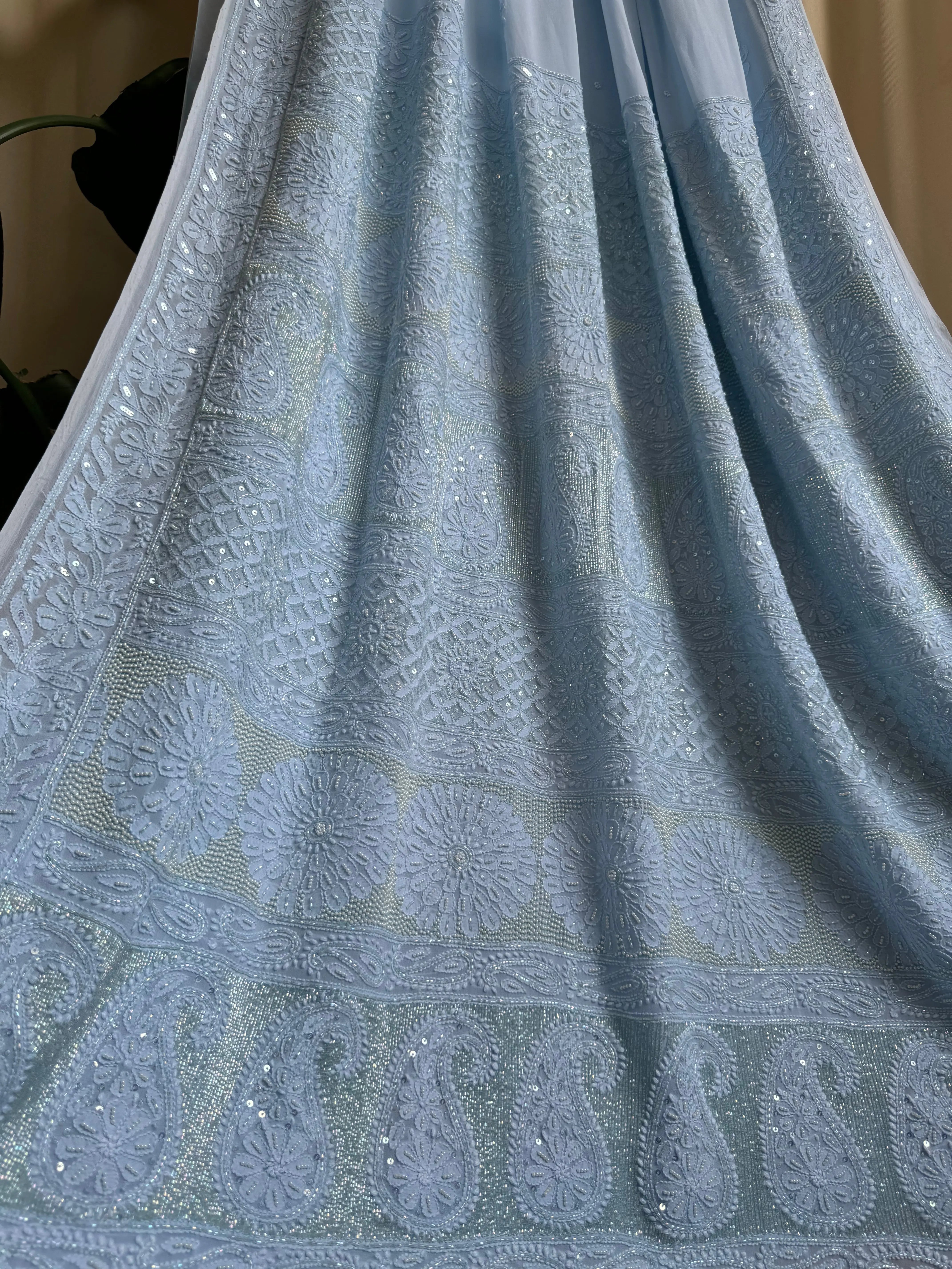 Viscose Blue Chikankari saree with Pearl embellishments ARIAA CHIKANKARI 