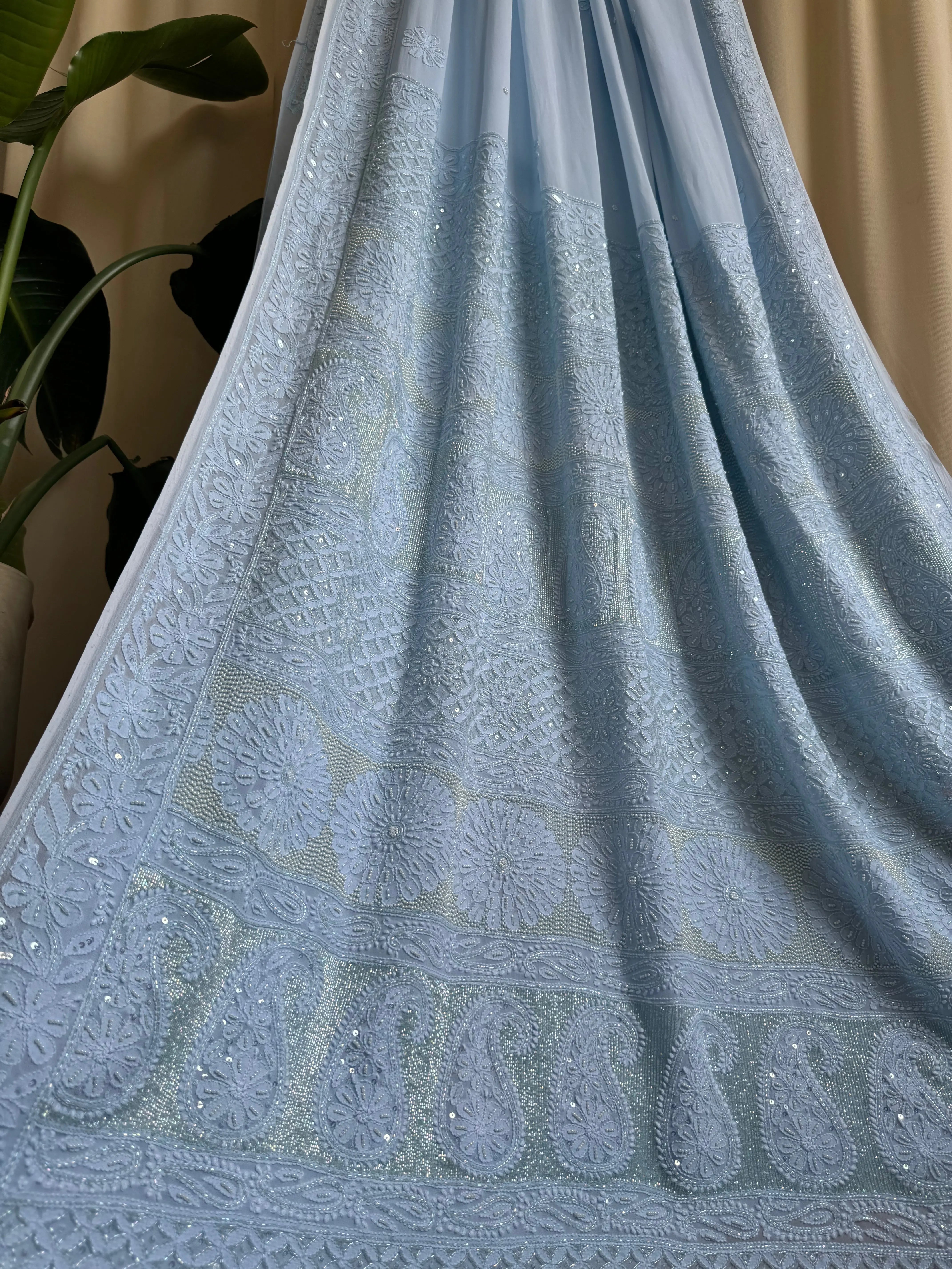 Viscose Blue Chikankari saree with Pearl embellishments ARIAA CHIKANKARI 