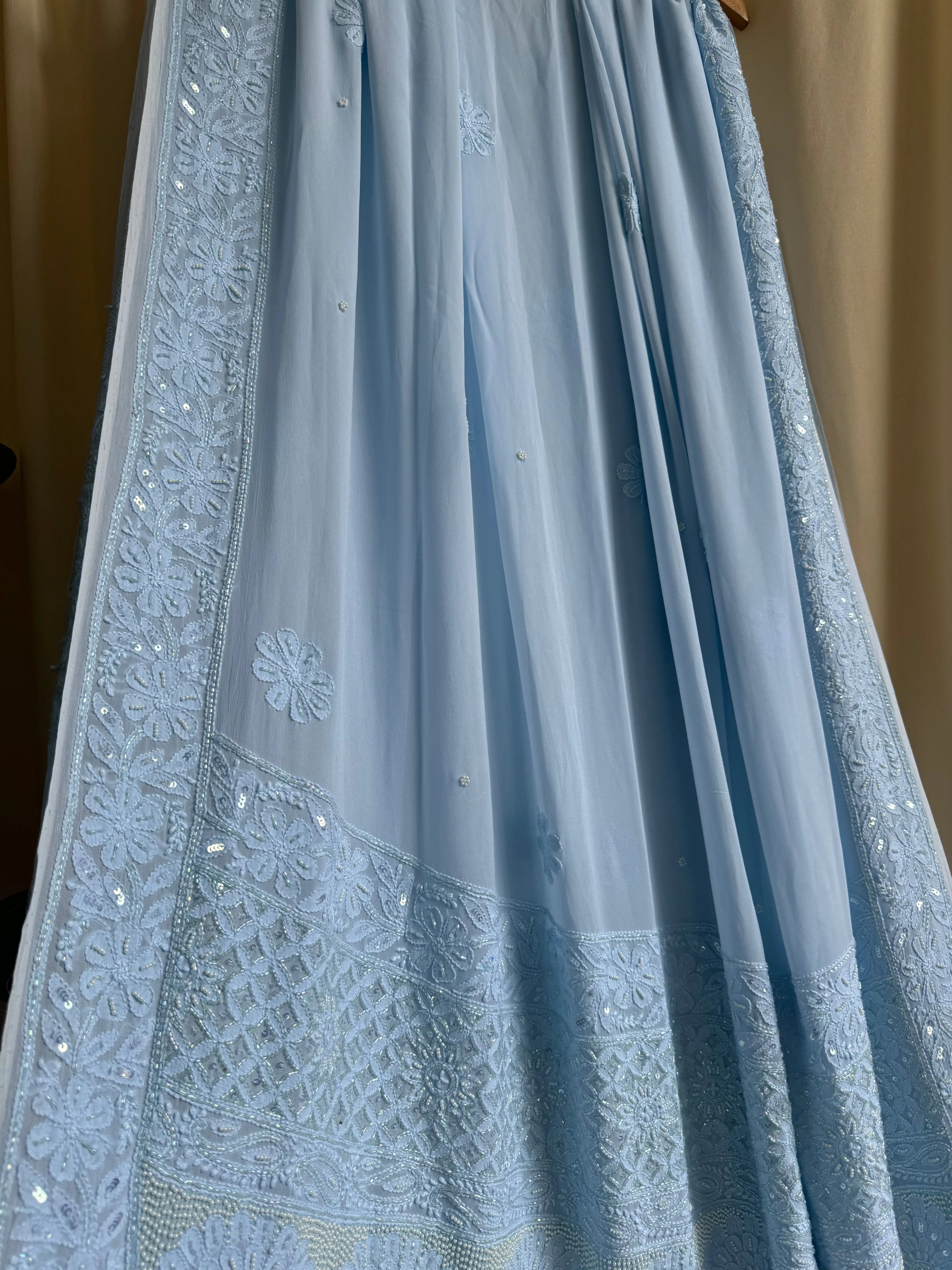 Viscose Blue Chikankari saree with Pearl embellishments ARIAA CHIKANKARI 