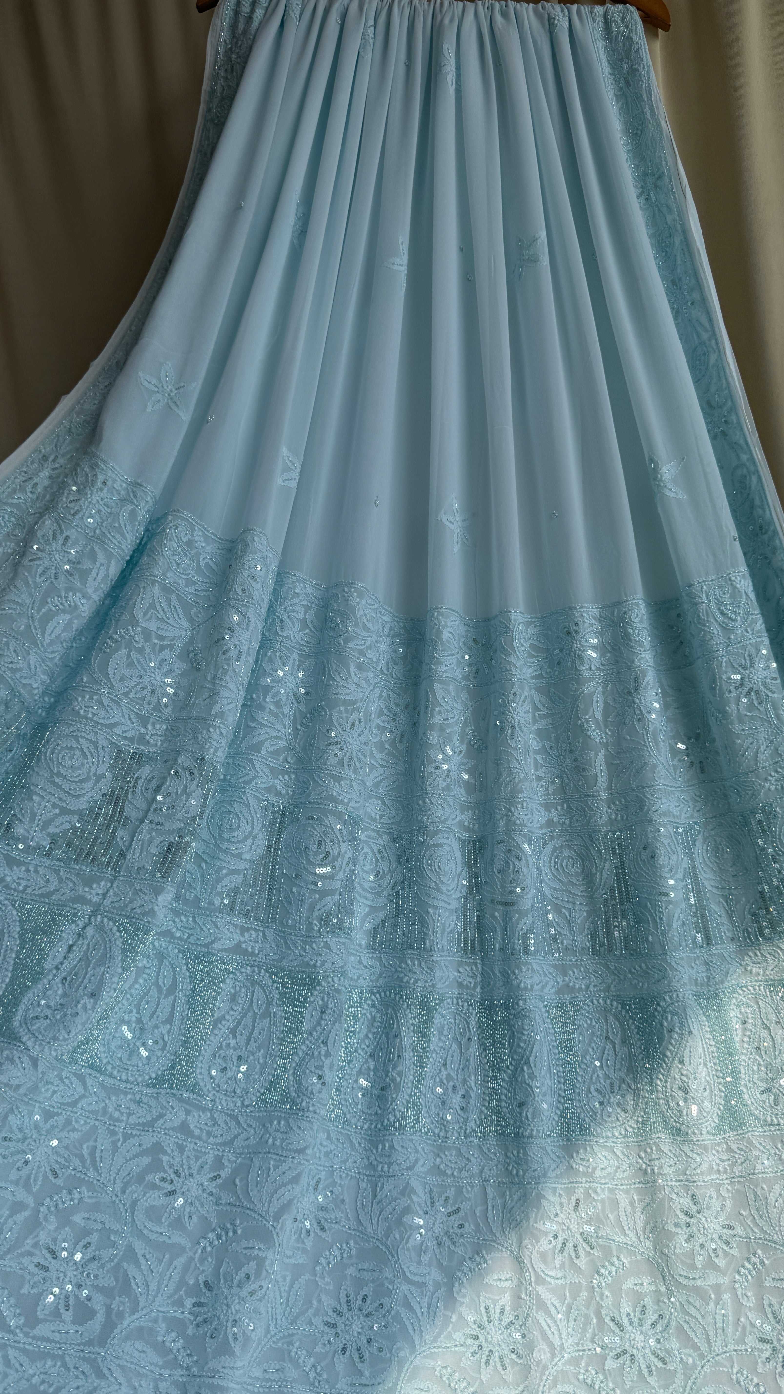 Viscose Cyan Blue Chikankari saree with Pearl embellishments
