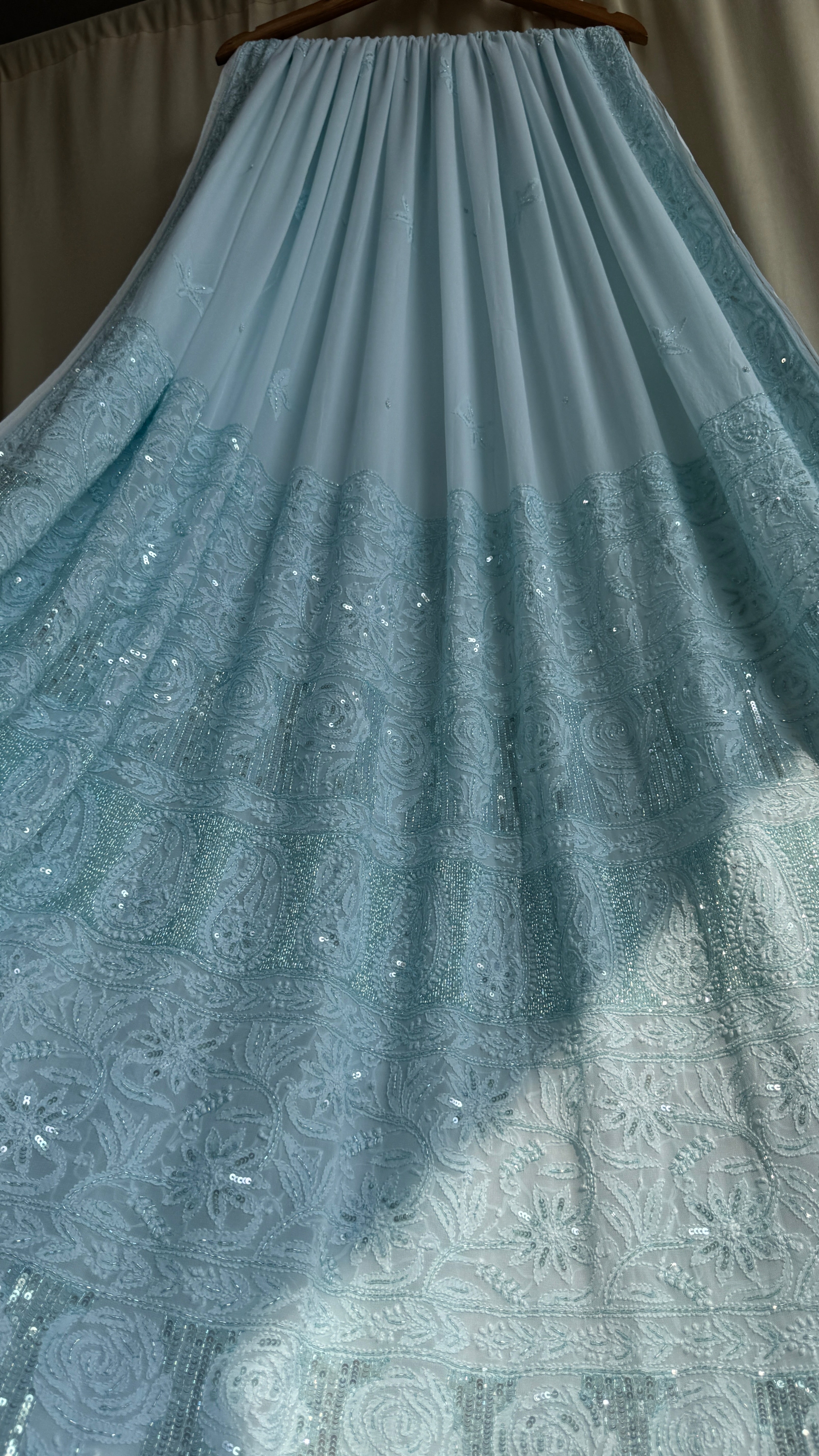 Viscose Cyan Blue Chikankari saree with Pearl embellishments