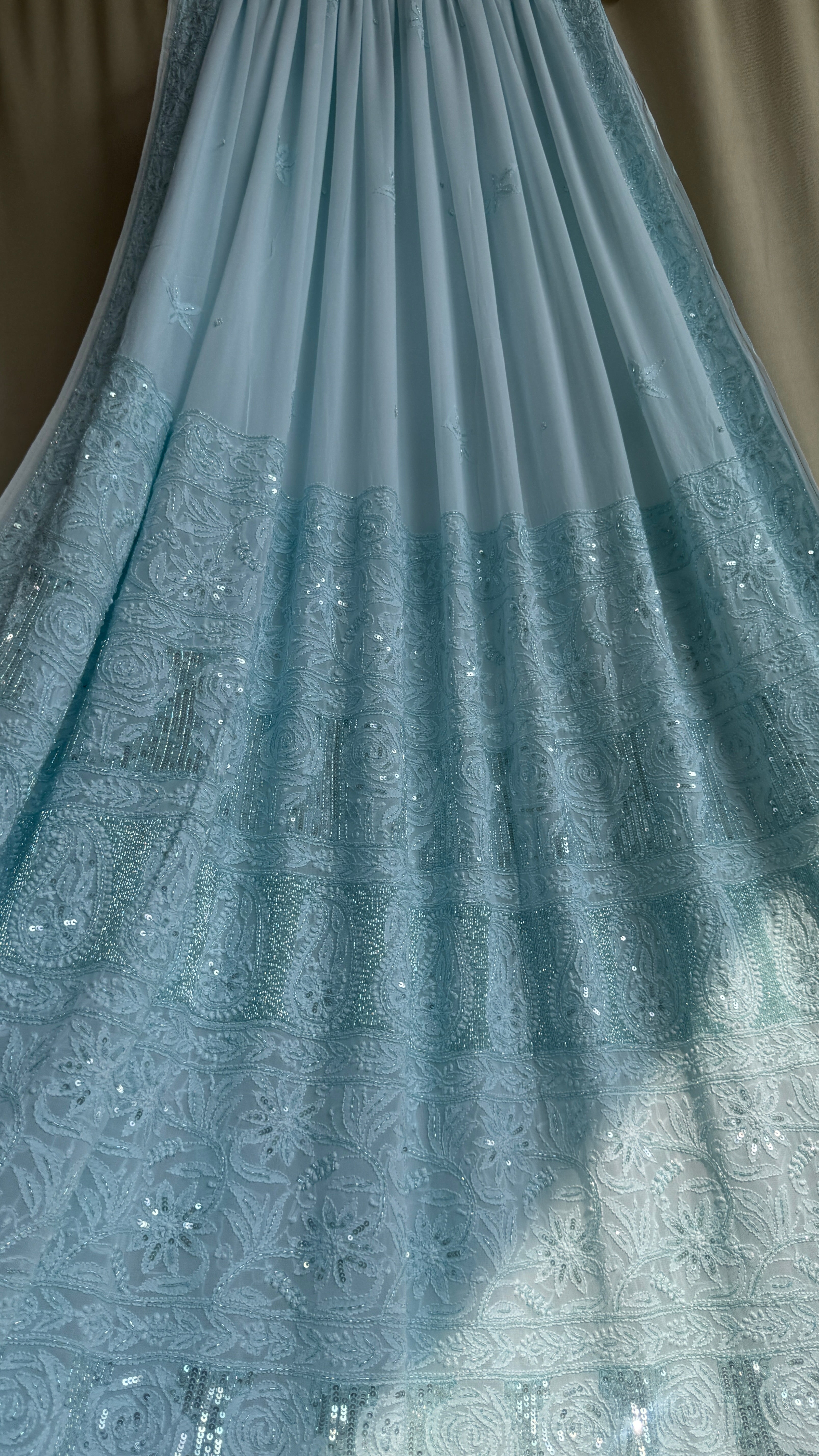 Viscose Cyan Blue Chikankari saree with Pearl embellishments