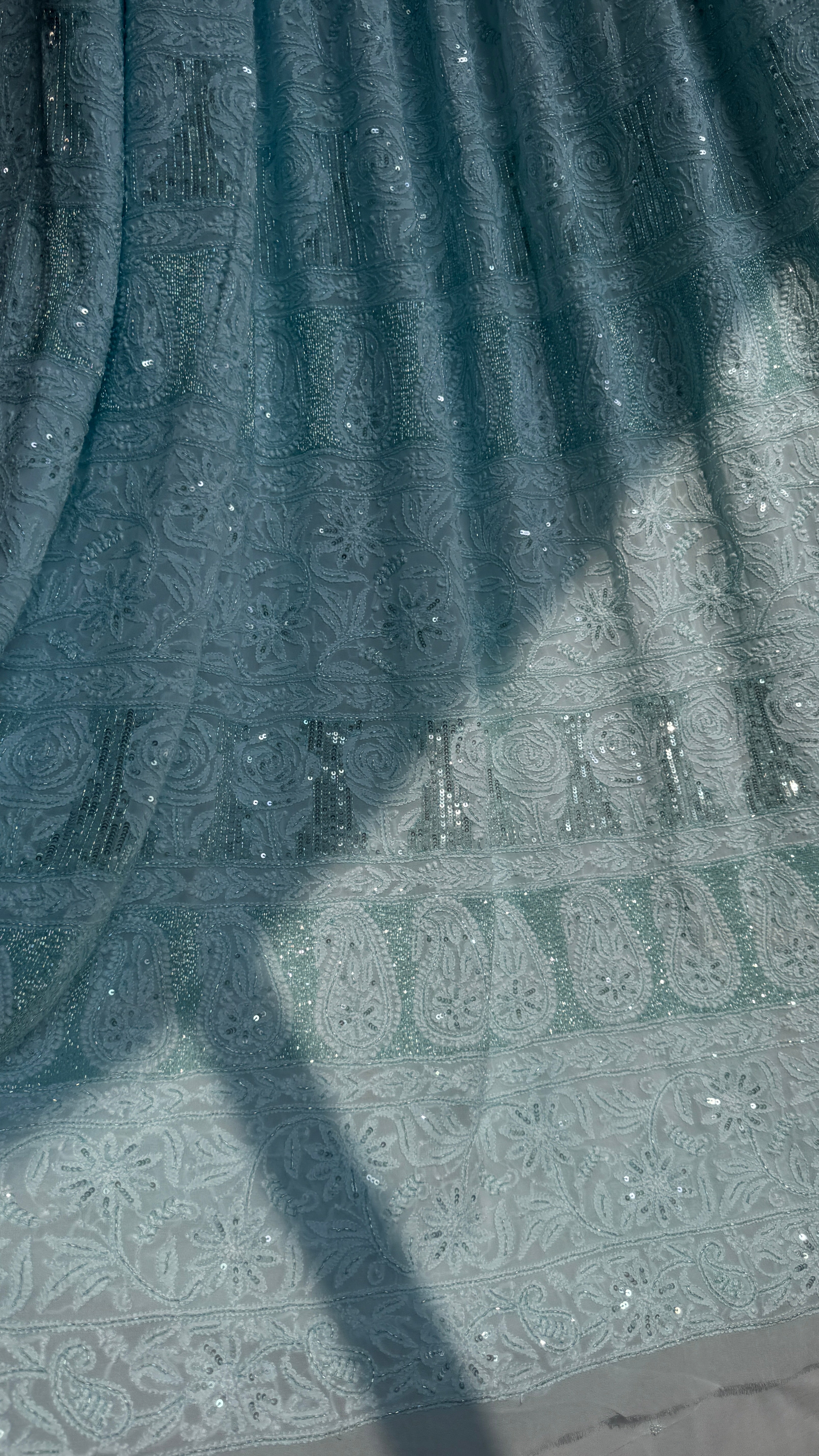 Viscose Cyan Blue Chikankari saree with Pearl embellishments