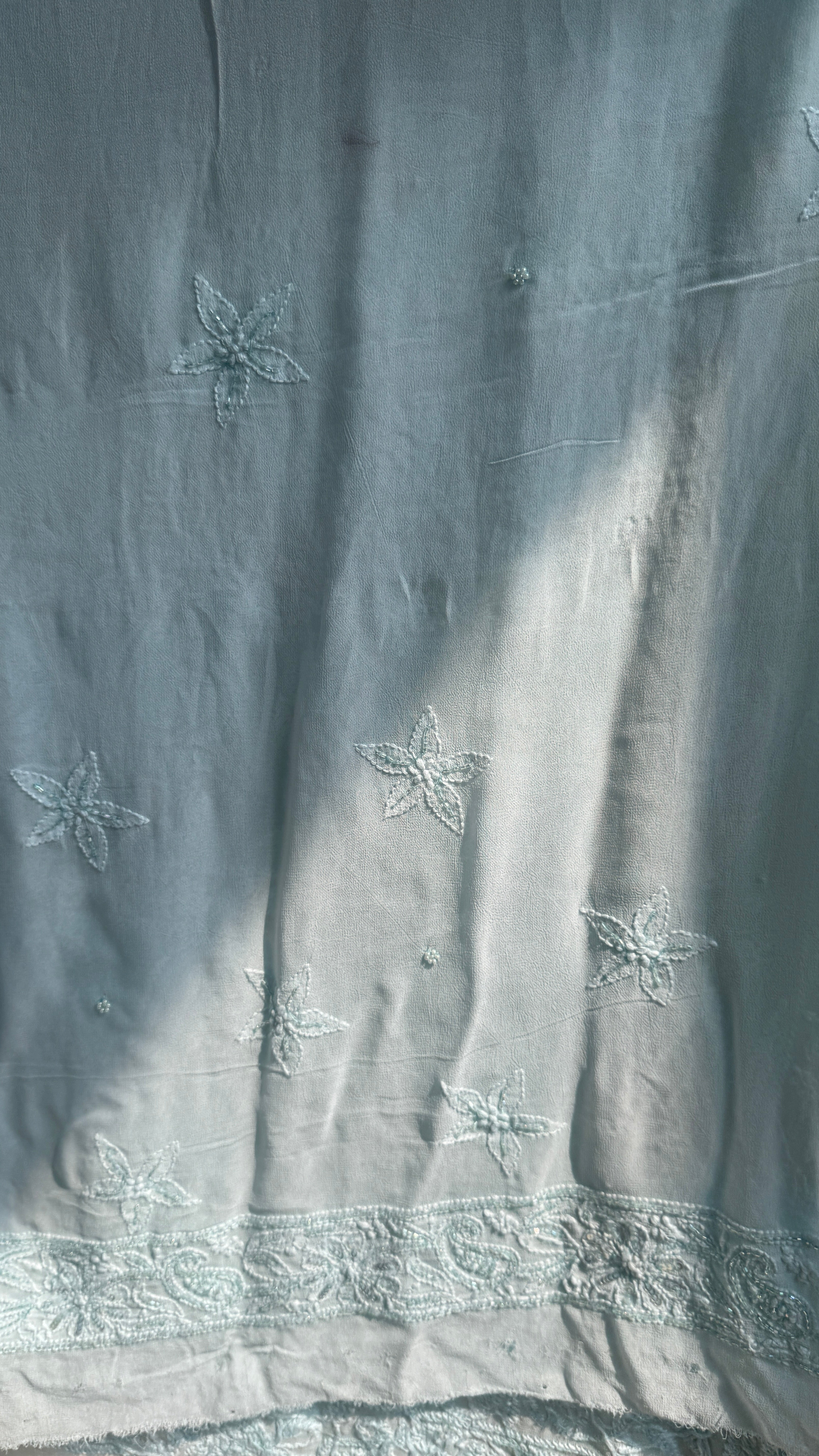 Viscose Cyan Blue Chikankari saree with Pearl embellishments