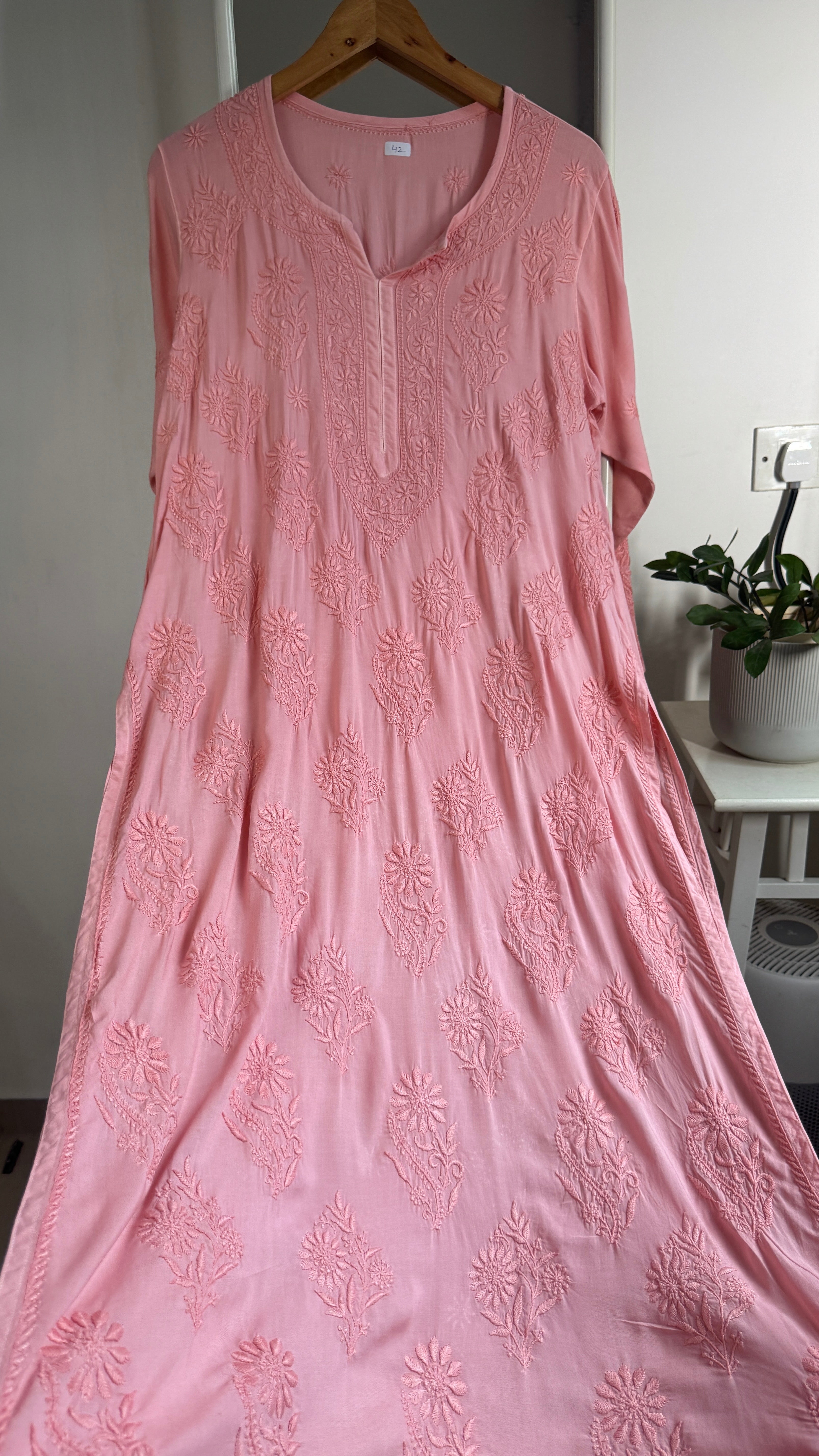 Premium Modal Chikankari Cotton Kurti - Carrot Pink - Noor Collection
