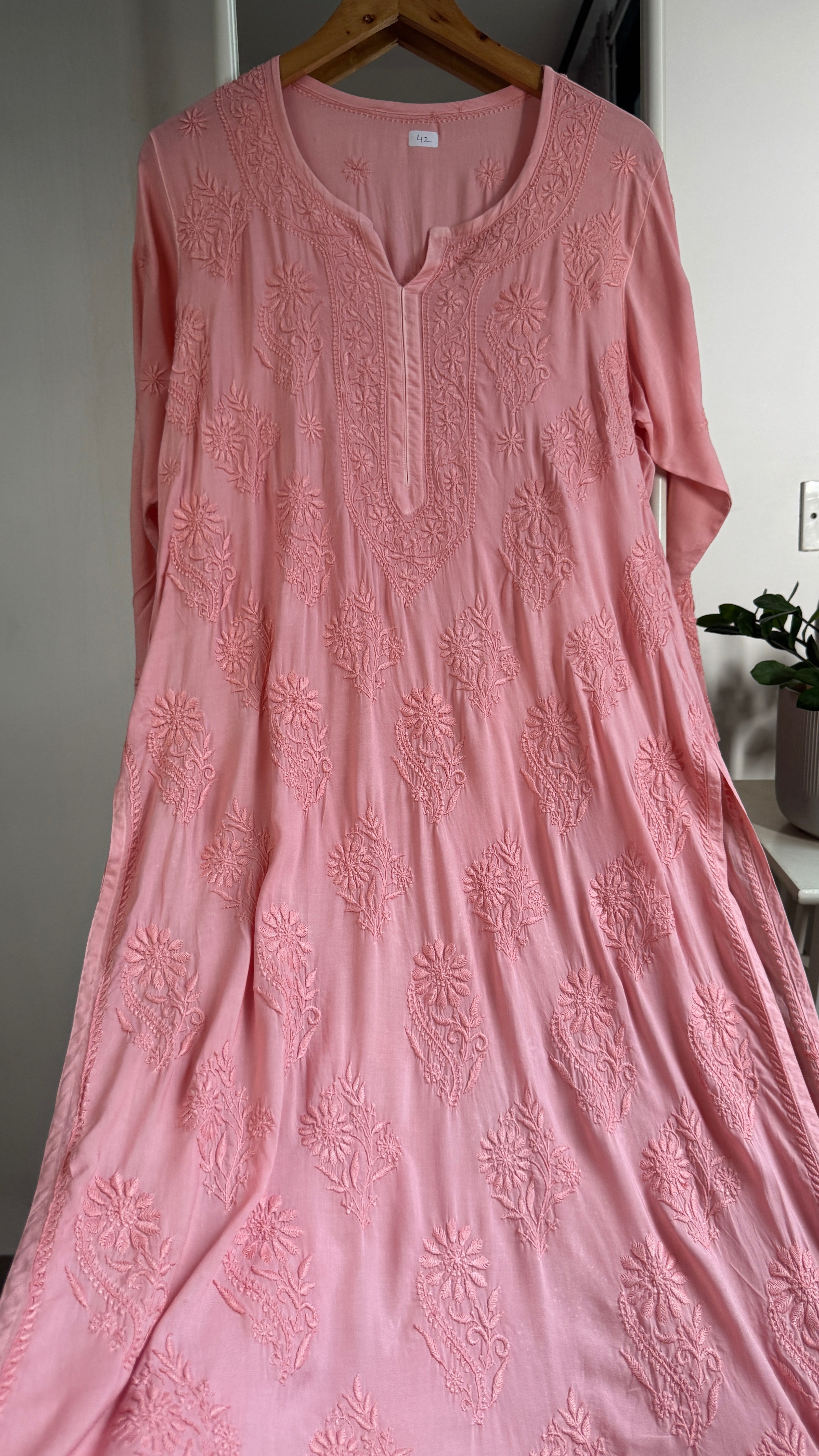 Premium Modal Chikankari Cotton Kurti - Carrot Pink - Noor Collection