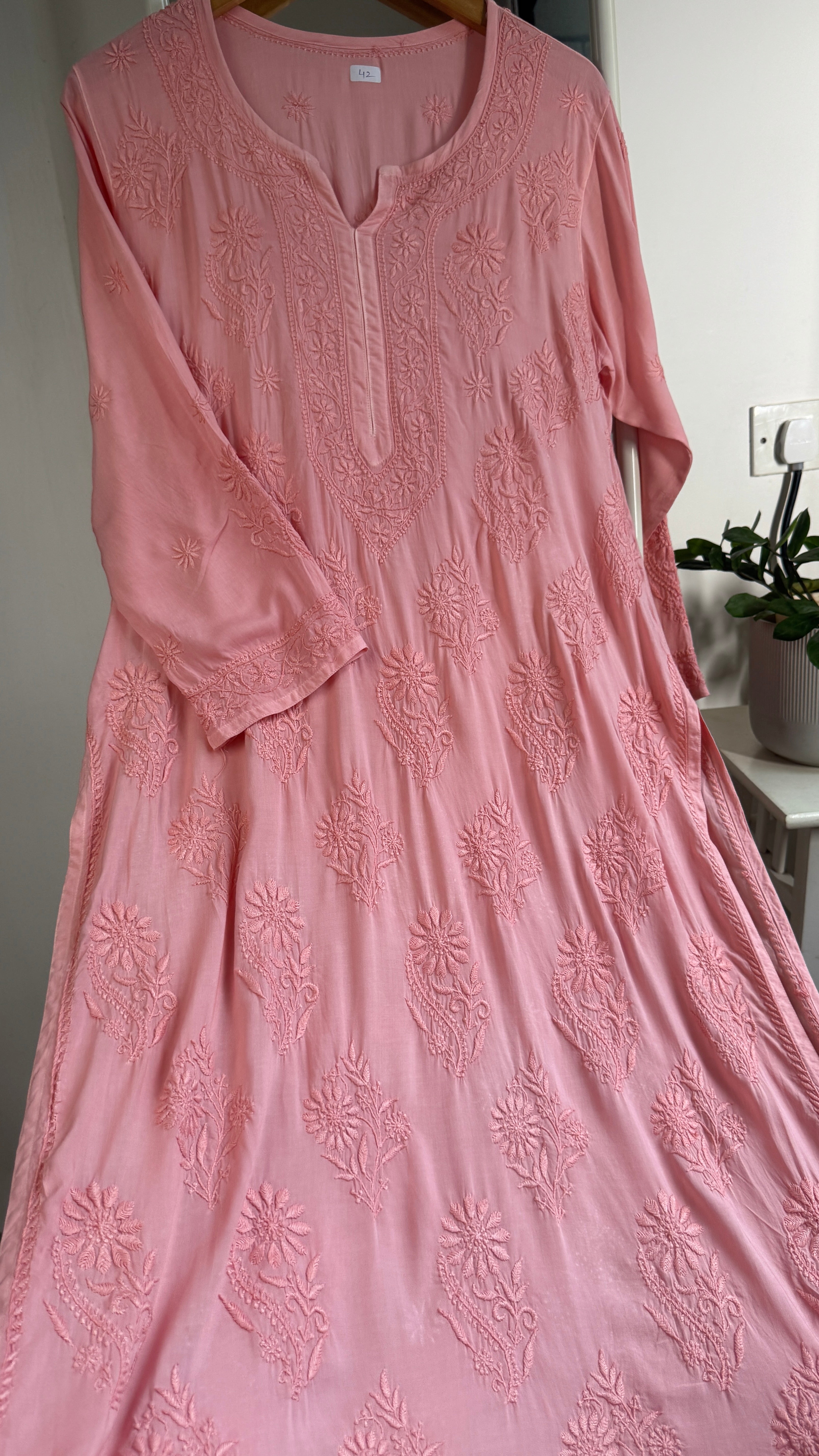 Premium Modal Chikankari Cotton Kurti - Carrot Pink - Noor Collection