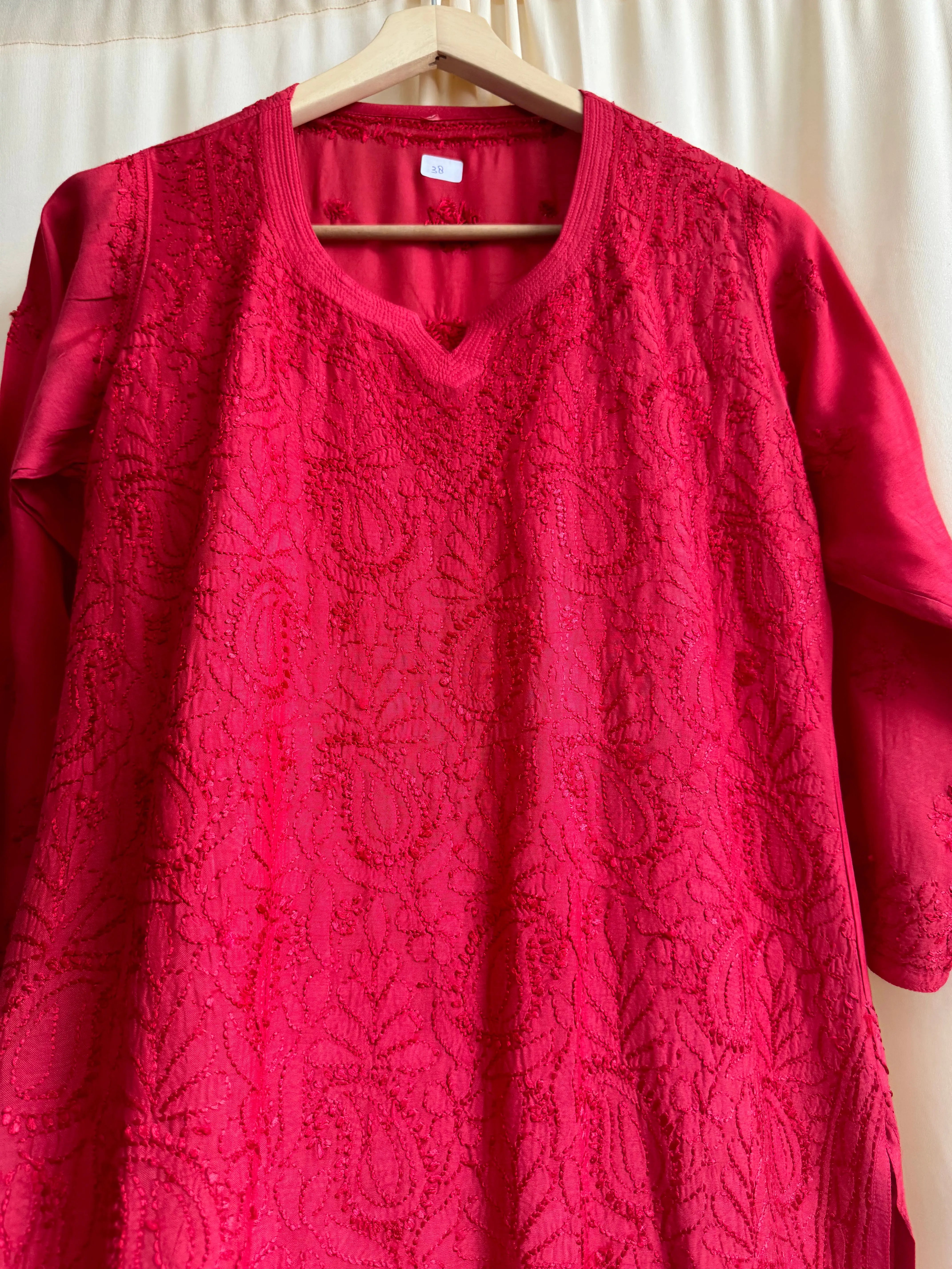 Chikankari Muslin short Top in Red ARIAA CHIKANKARI 