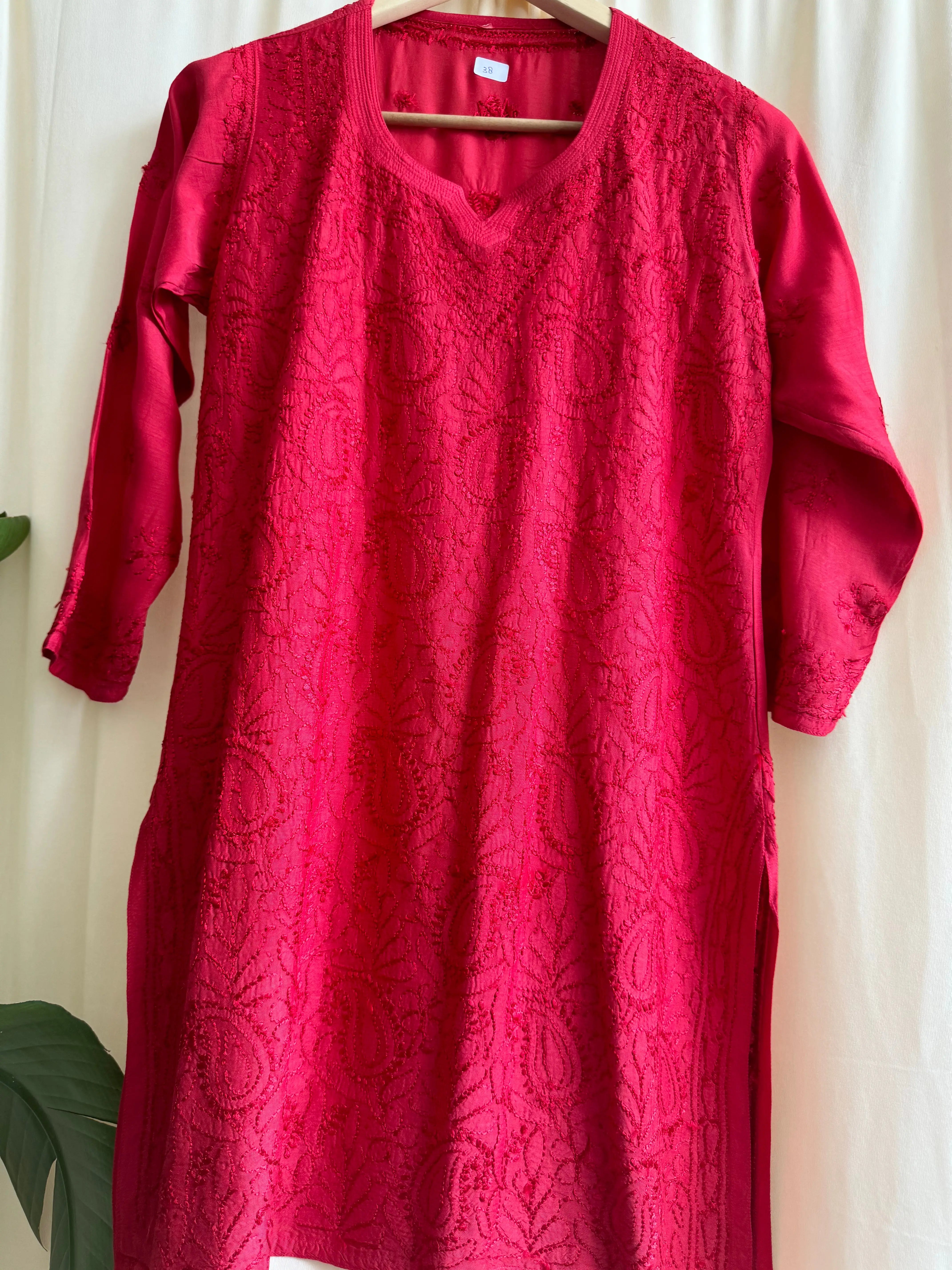 Chikankari Muslin short Top in Red ARIAA CHIKANKARI 