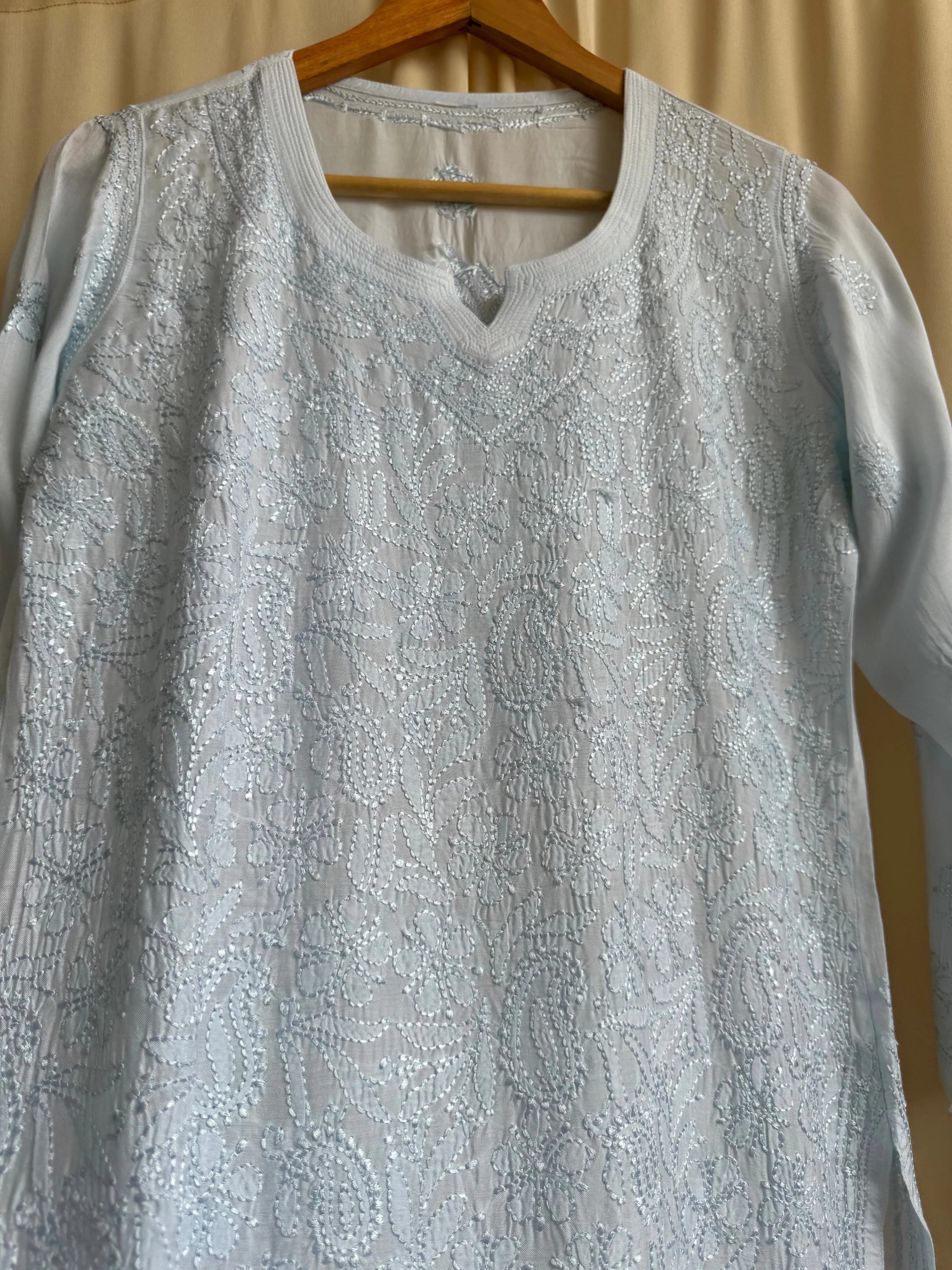 Chikankari Muslin short Top in Blue ARIAA CHIKANKARI 